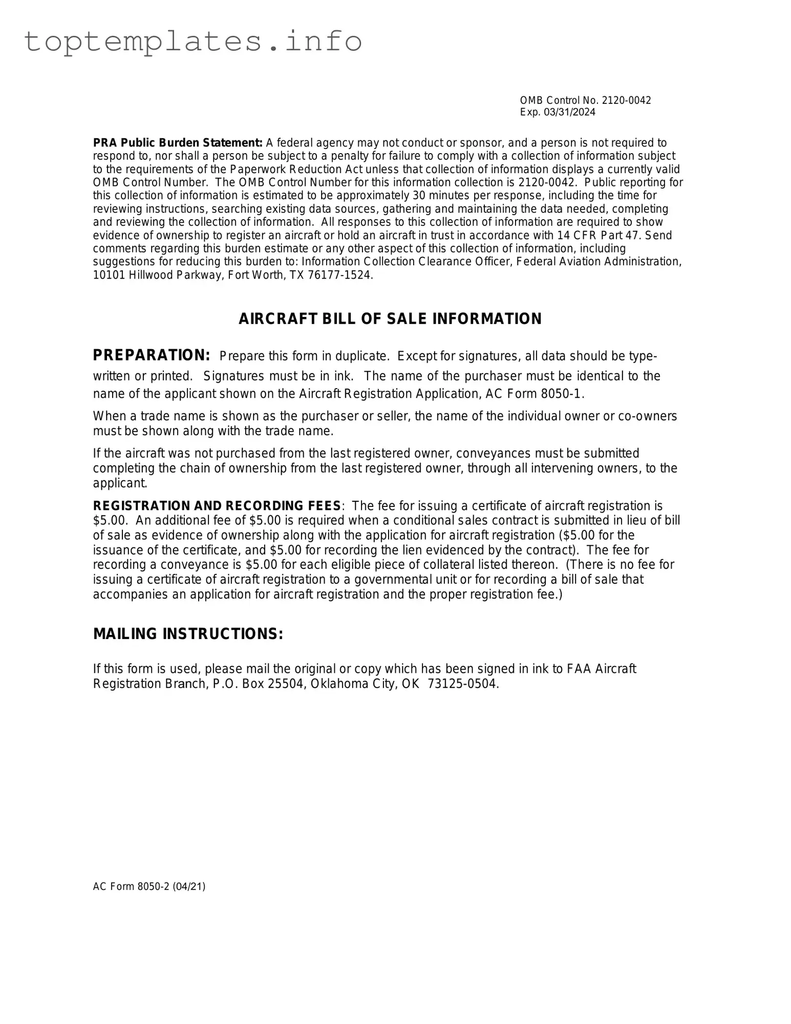 Fill in Your Aircraft Bill of Sale AC 8050-2 Form