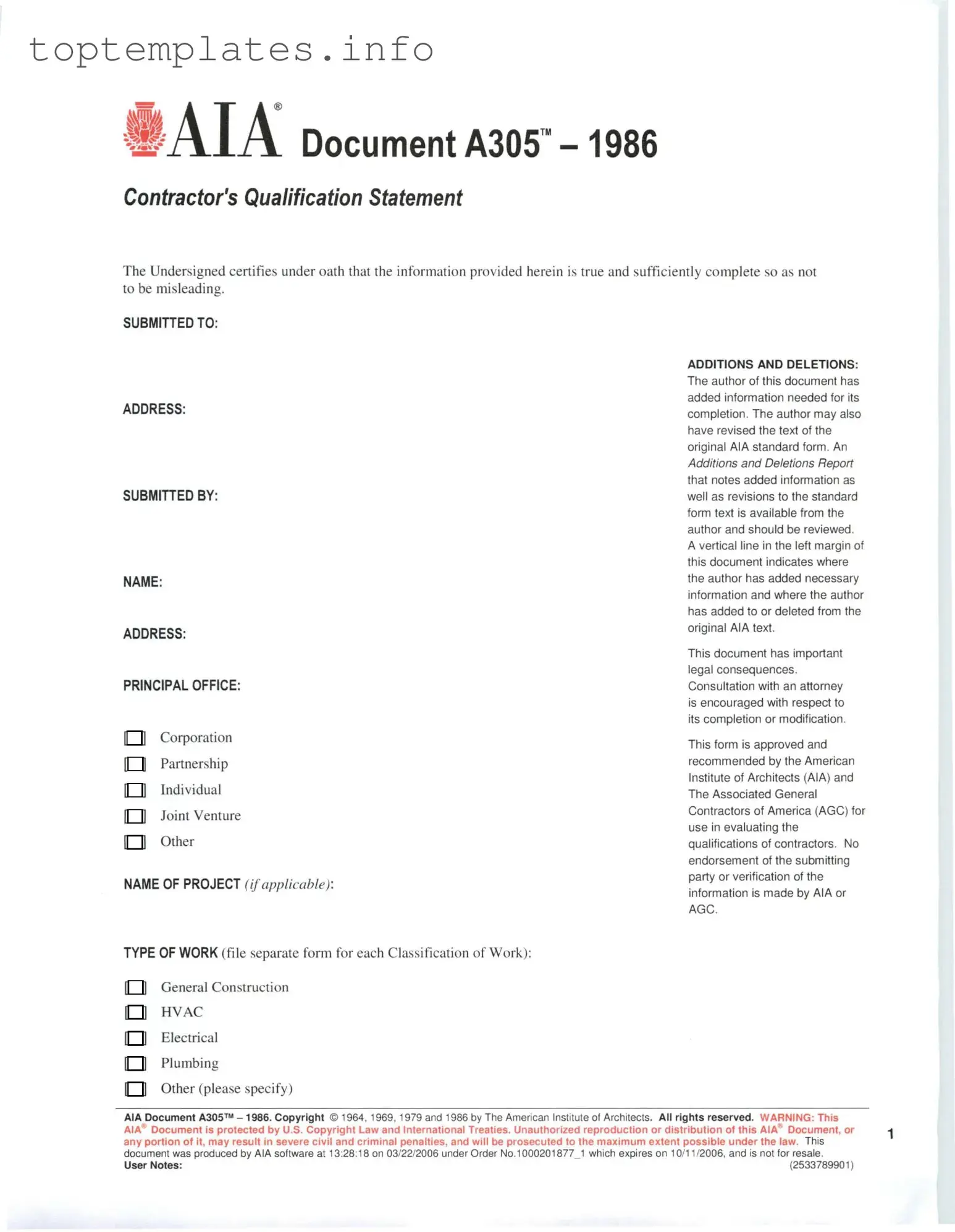 Fill in Your AIA A305 Form