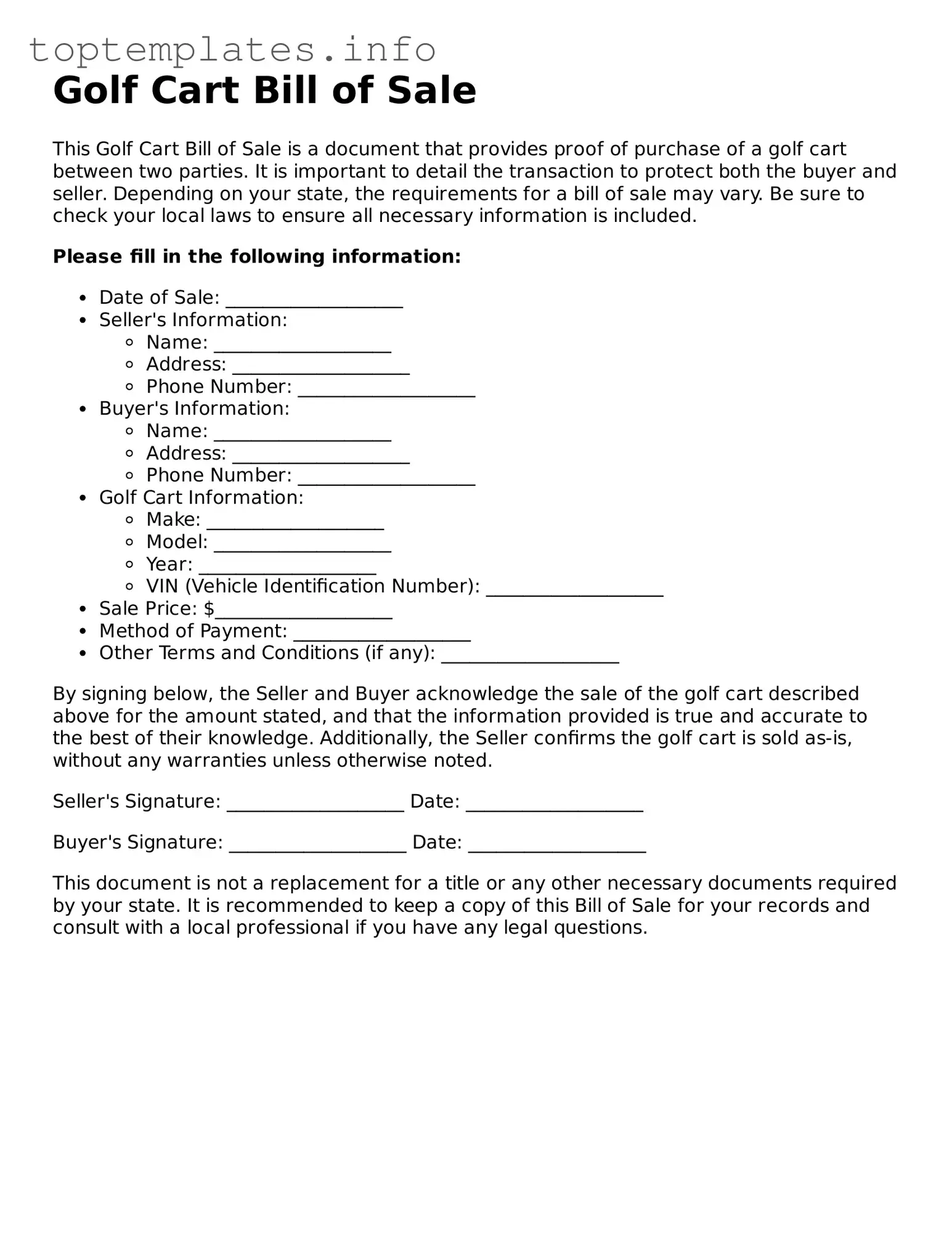Attorney-Approved Golf Cart Bill of Sale Template