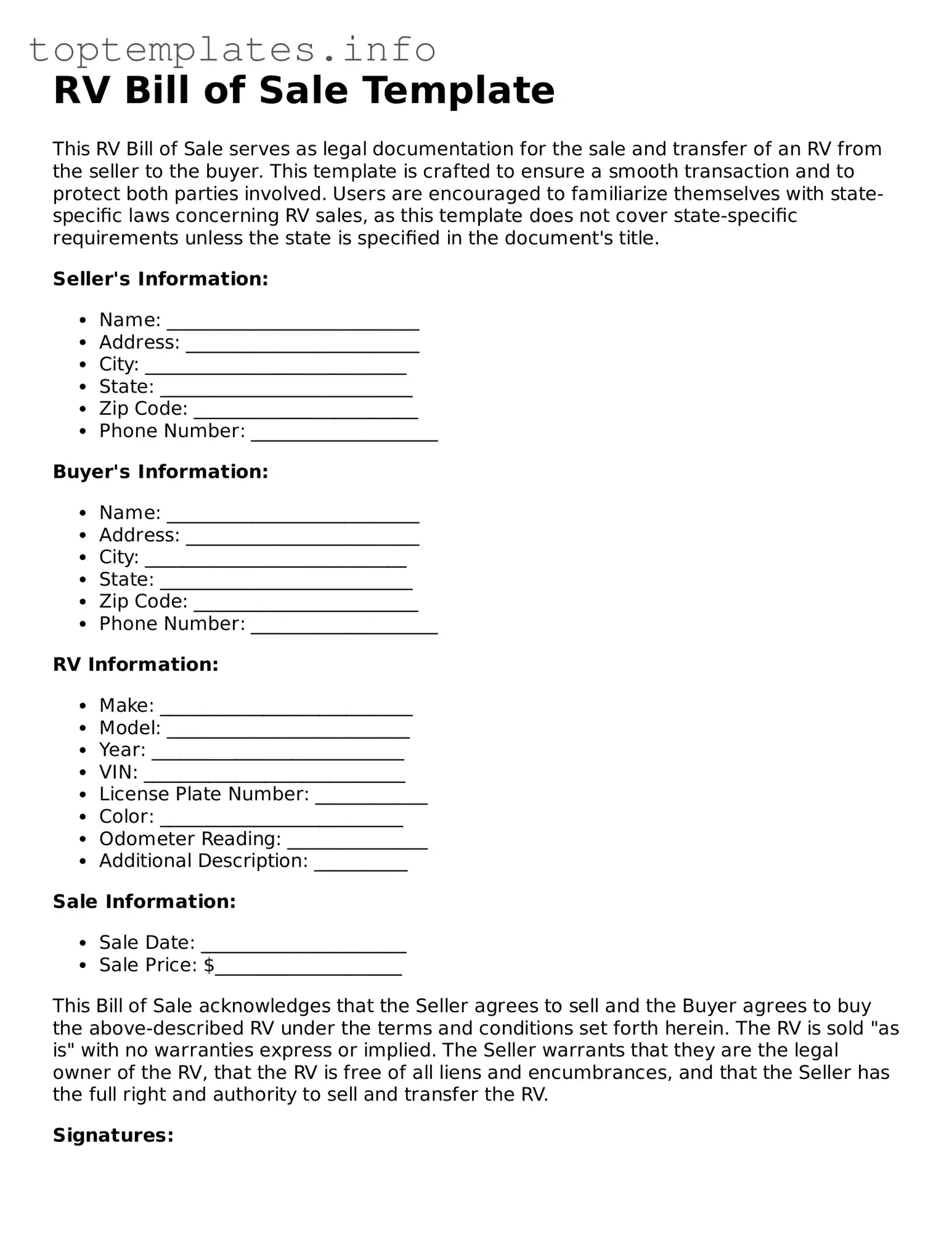 Attorney-Approved RV Bill of Sale Template