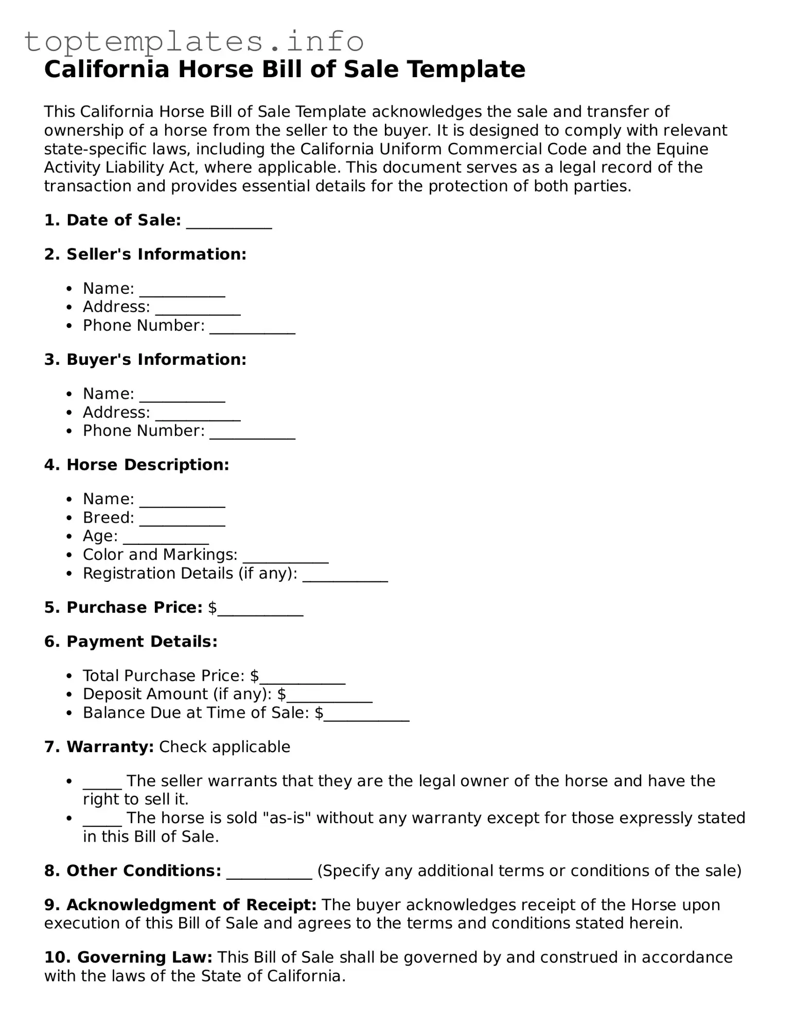 Printable Horse Bill of Sale Document for the State of California