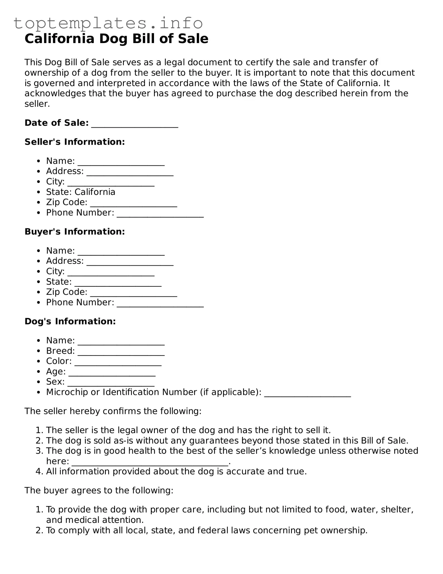 Printable Dog Bill of Sale Document for the State of California