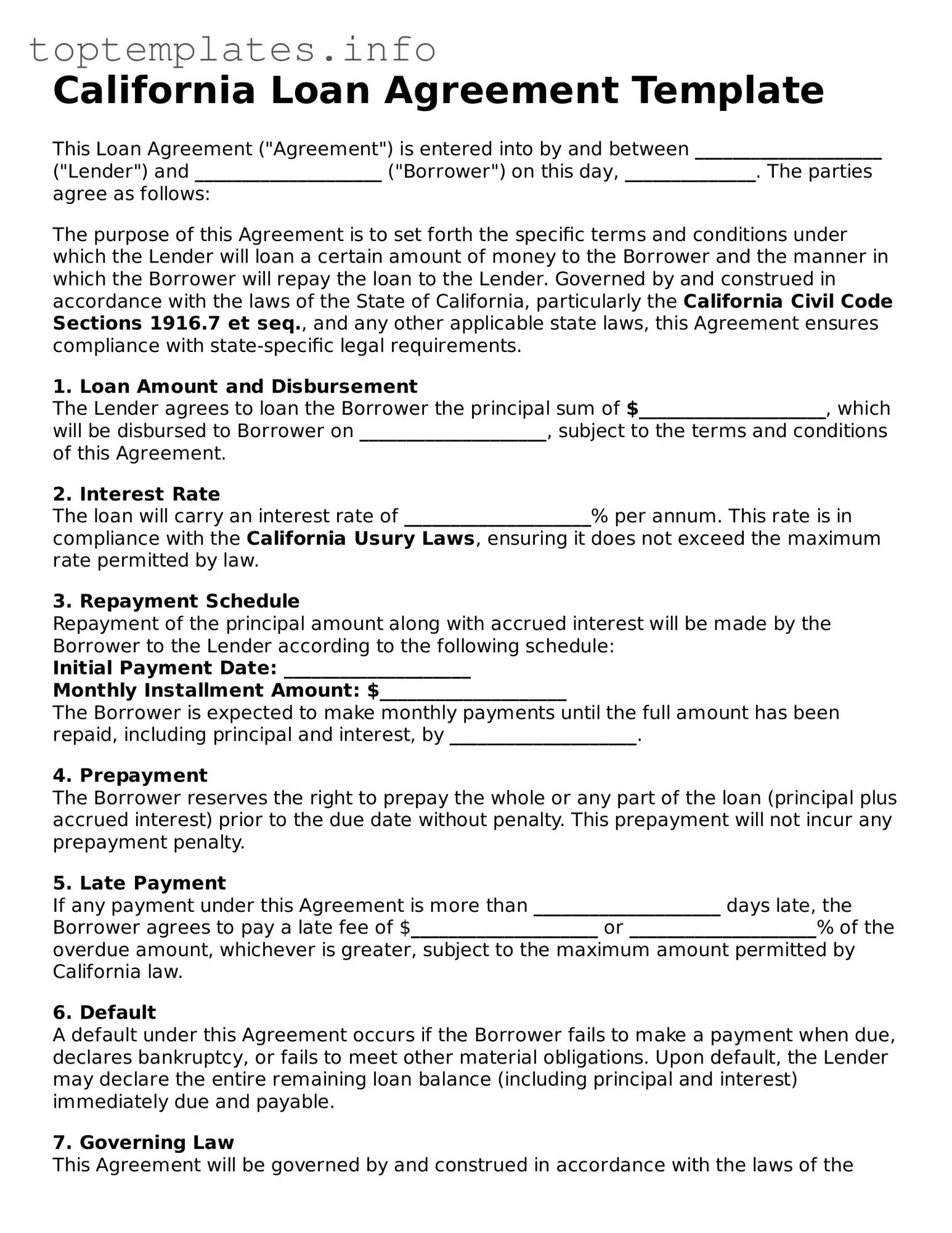 Printable Loan Agreement Document for the State of California