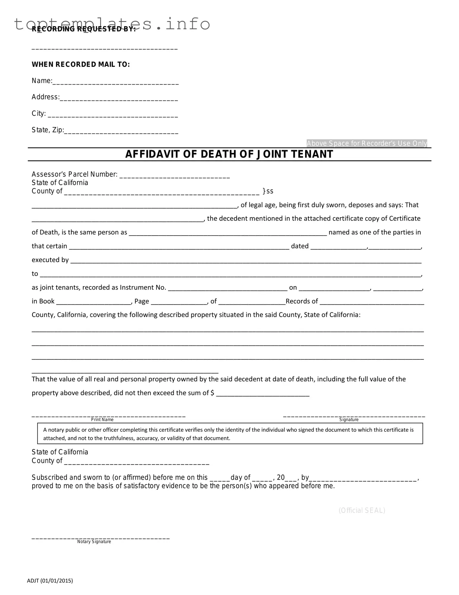 Fill in Your California Death of a Joint Tenant Affidavit Form