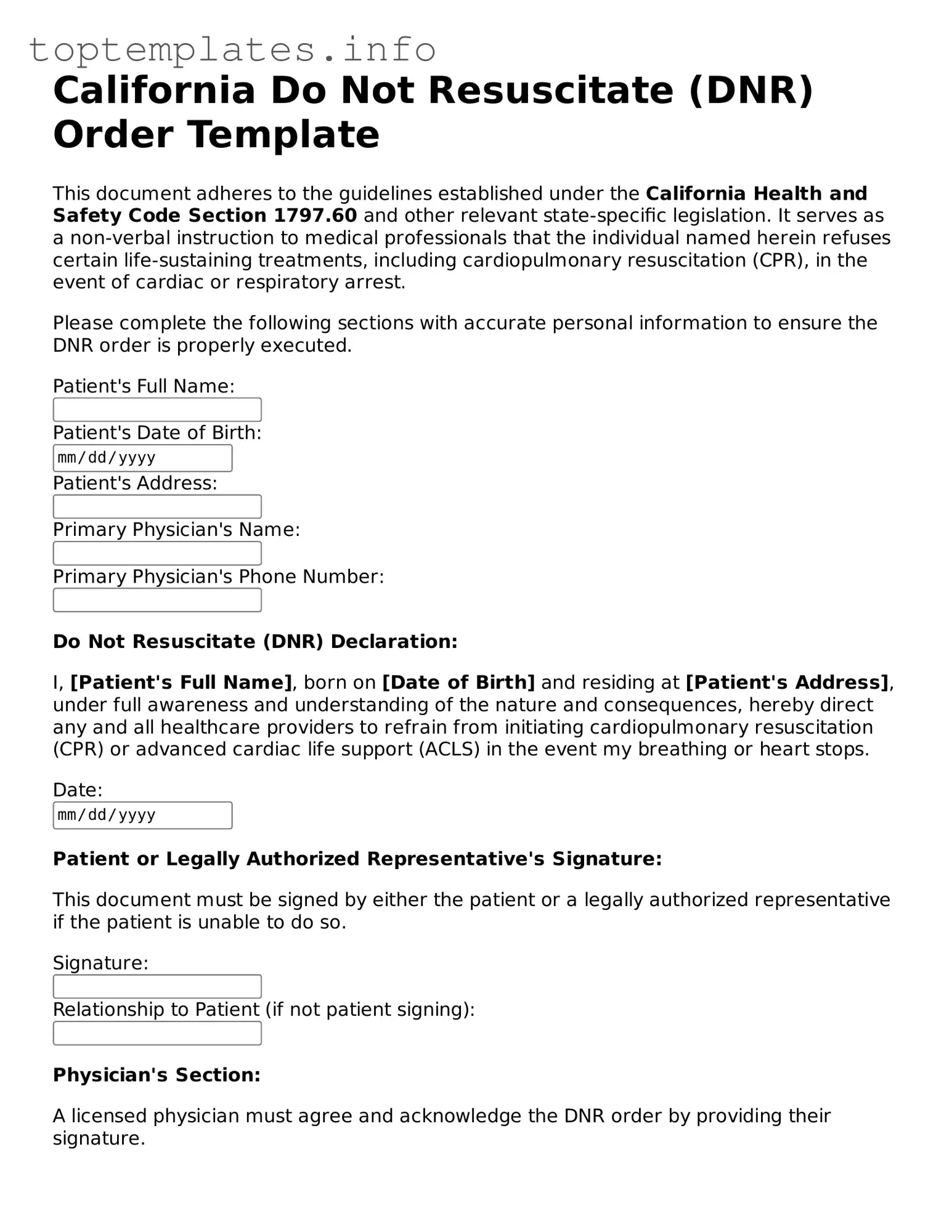 Printable Do Not Resuscitate Order Document for the State of California