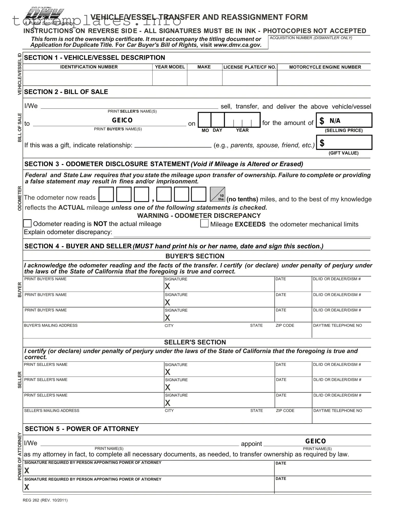 Fill in Your California Fotm Reg 262 Form