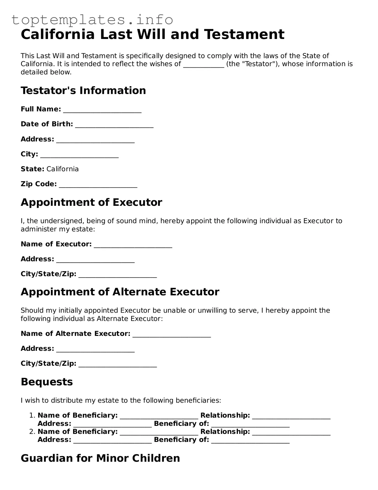 Printable Last Will and Testament Document for the State of California