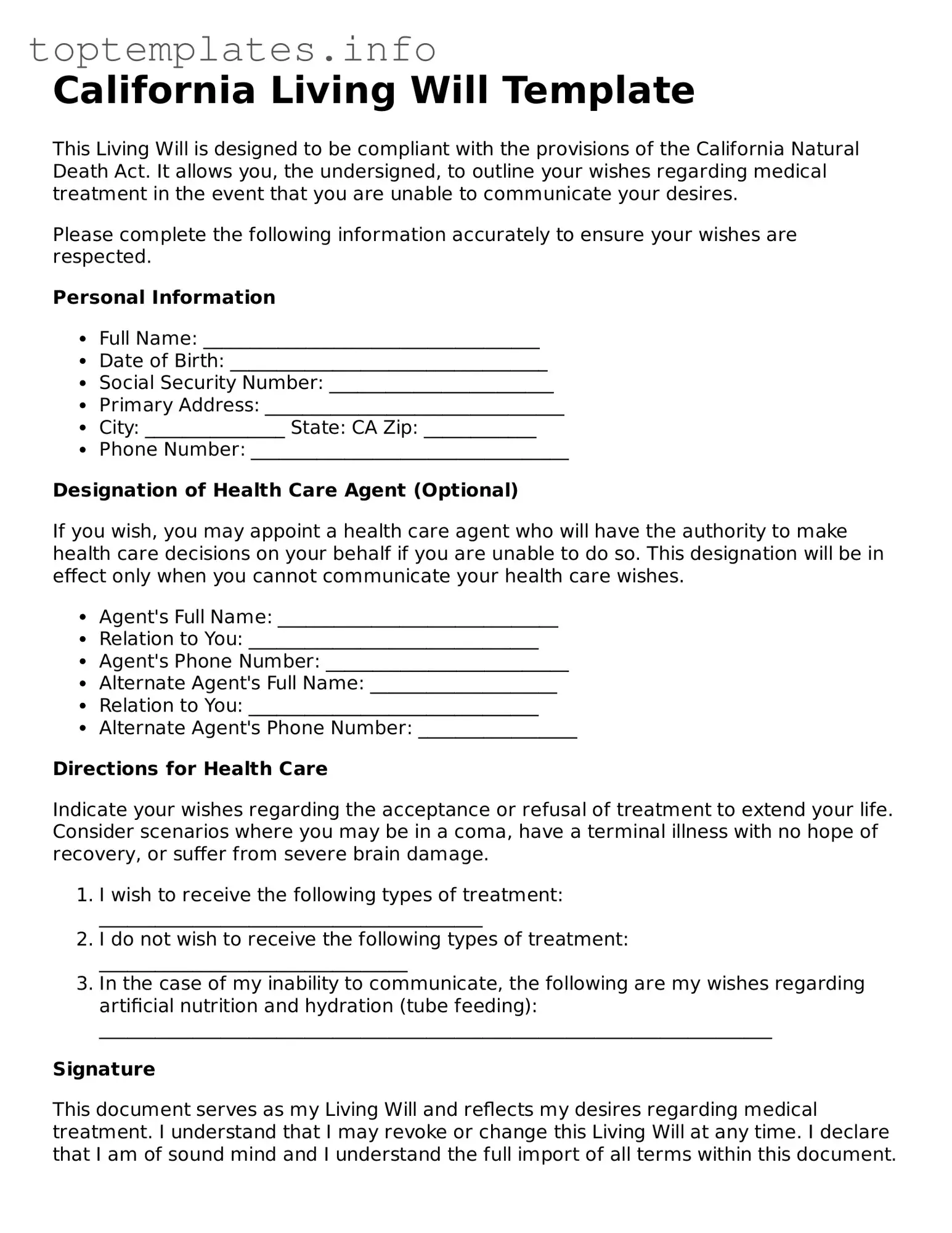 Printable Living Will Document for the State of California