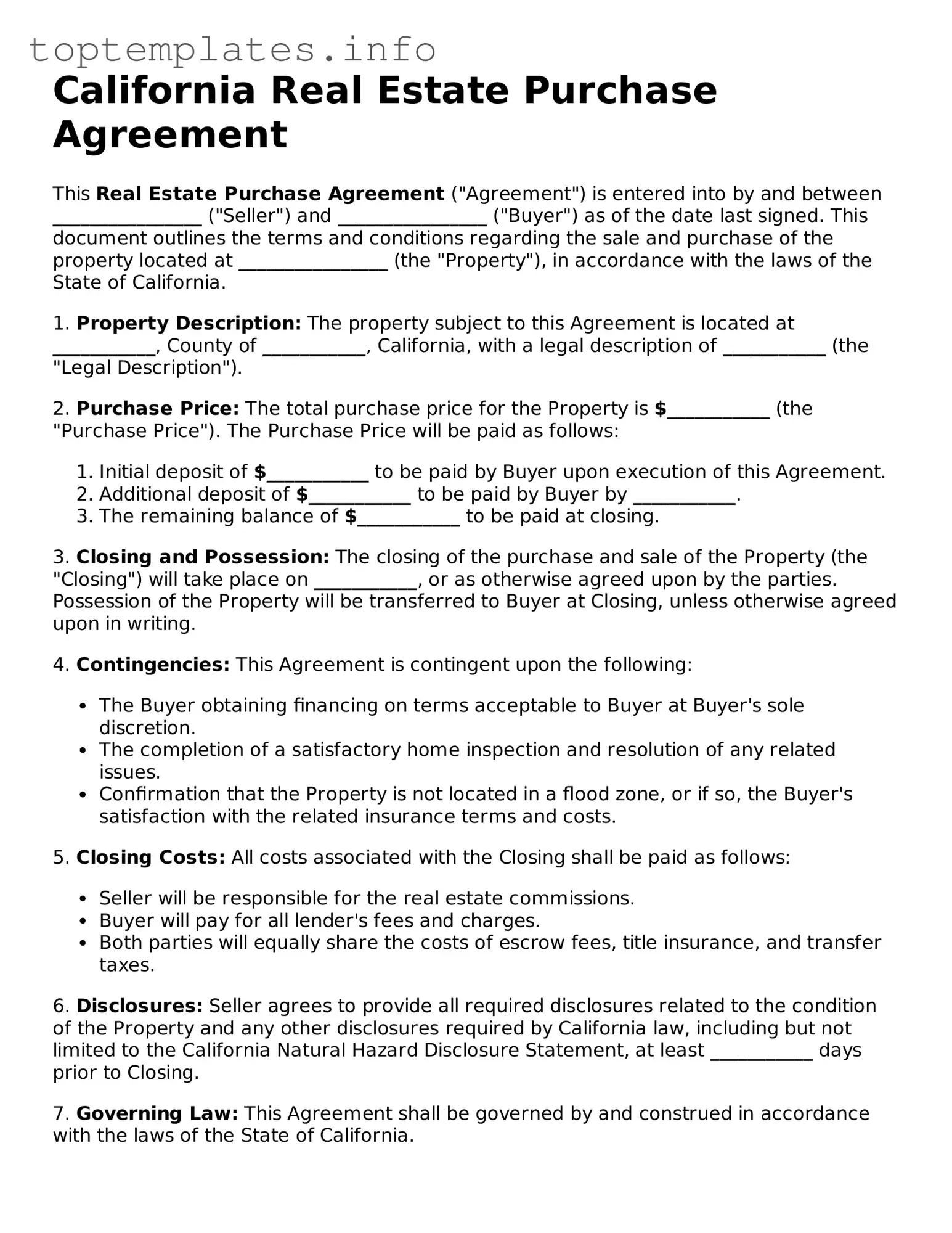 Printable Real Estate Purchase Agreement Document for the State of California