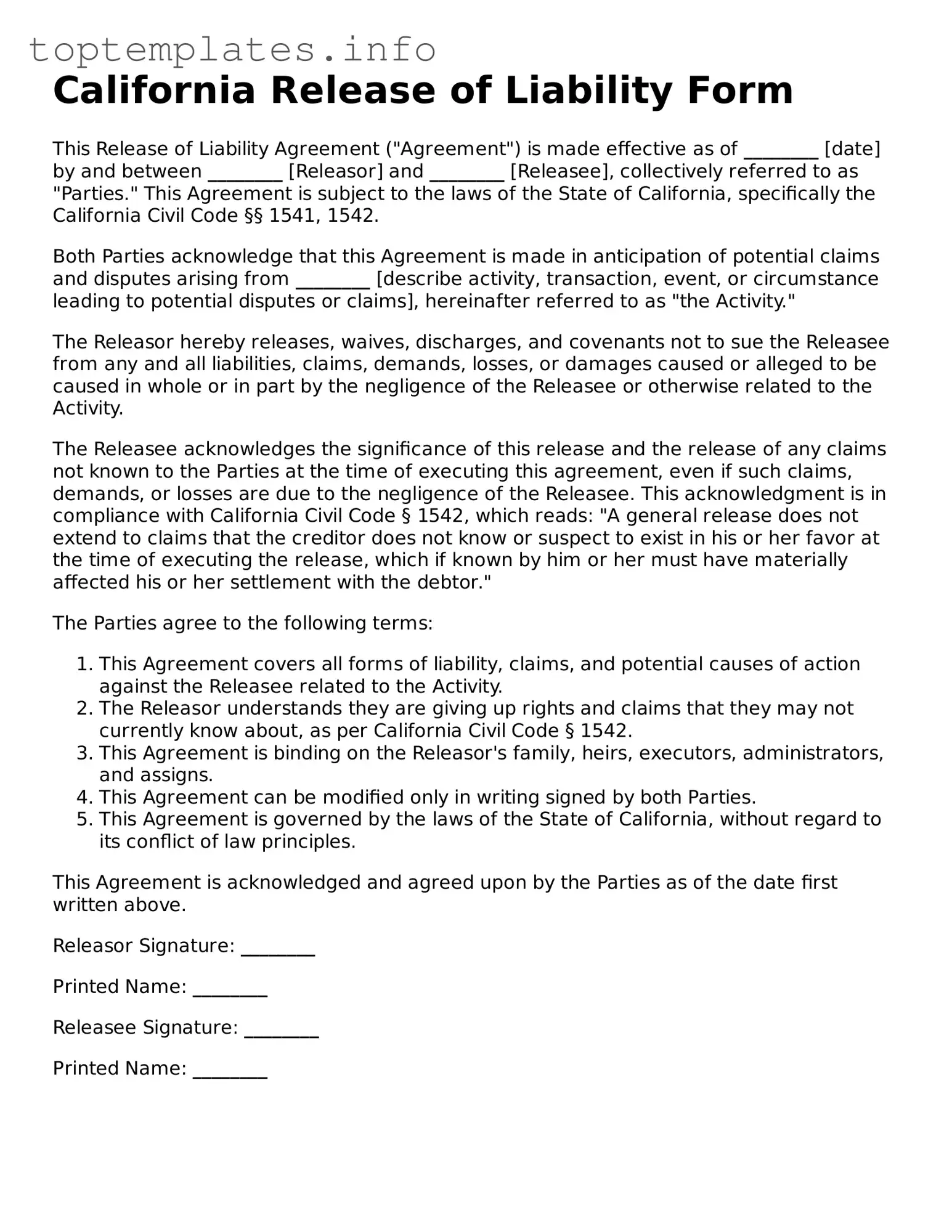 Printable Release of Liability Document for the State of California