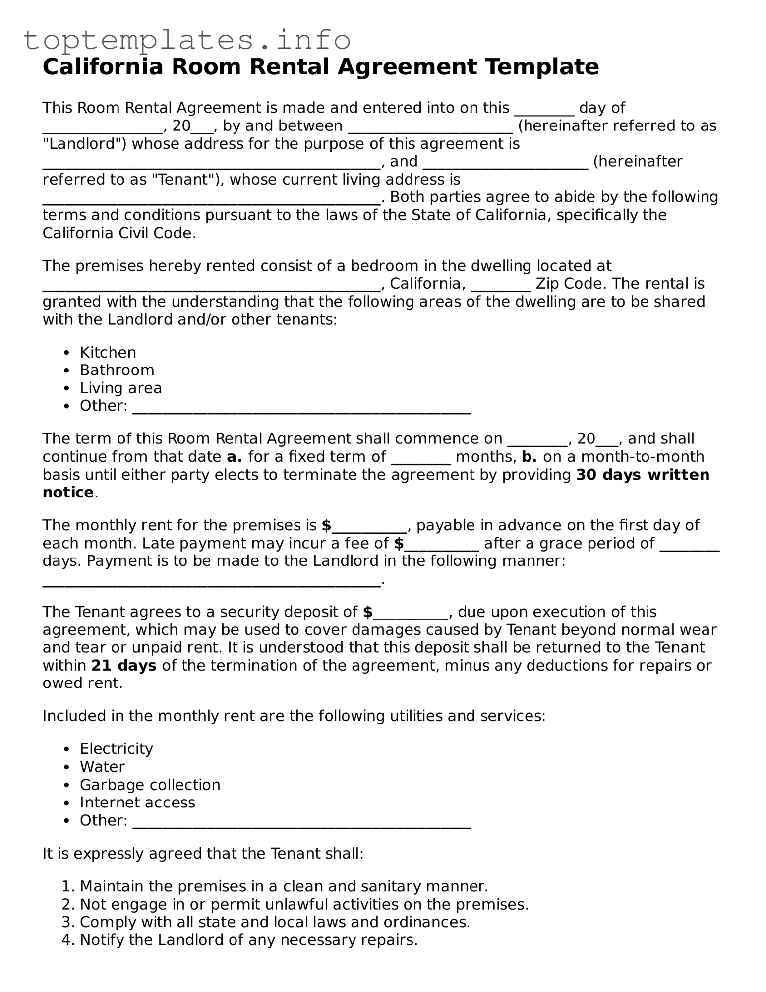 Printable Room Rental Agreement Document for the State of California