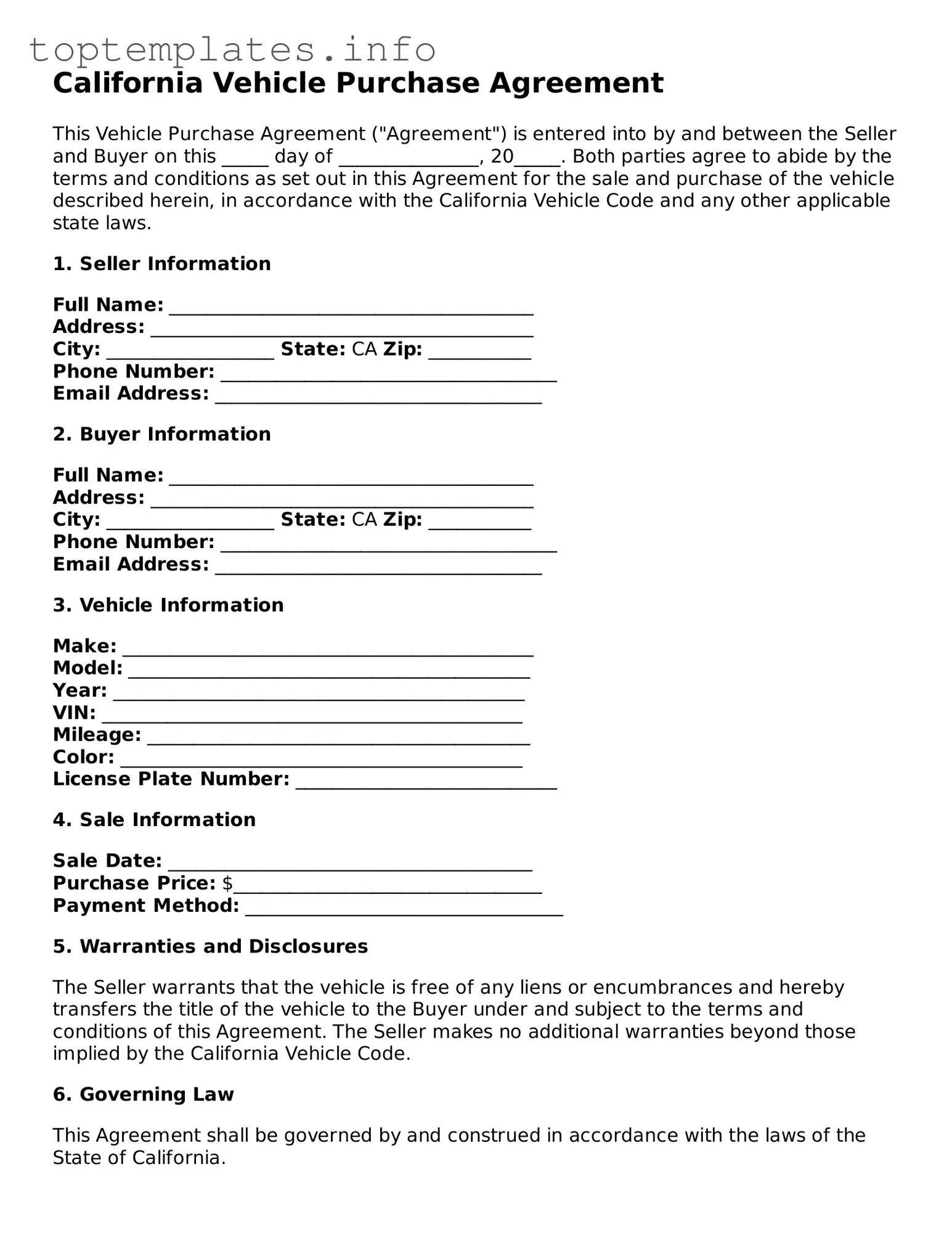 Printable Vehicle Purchase Agreement Document for the State of California
