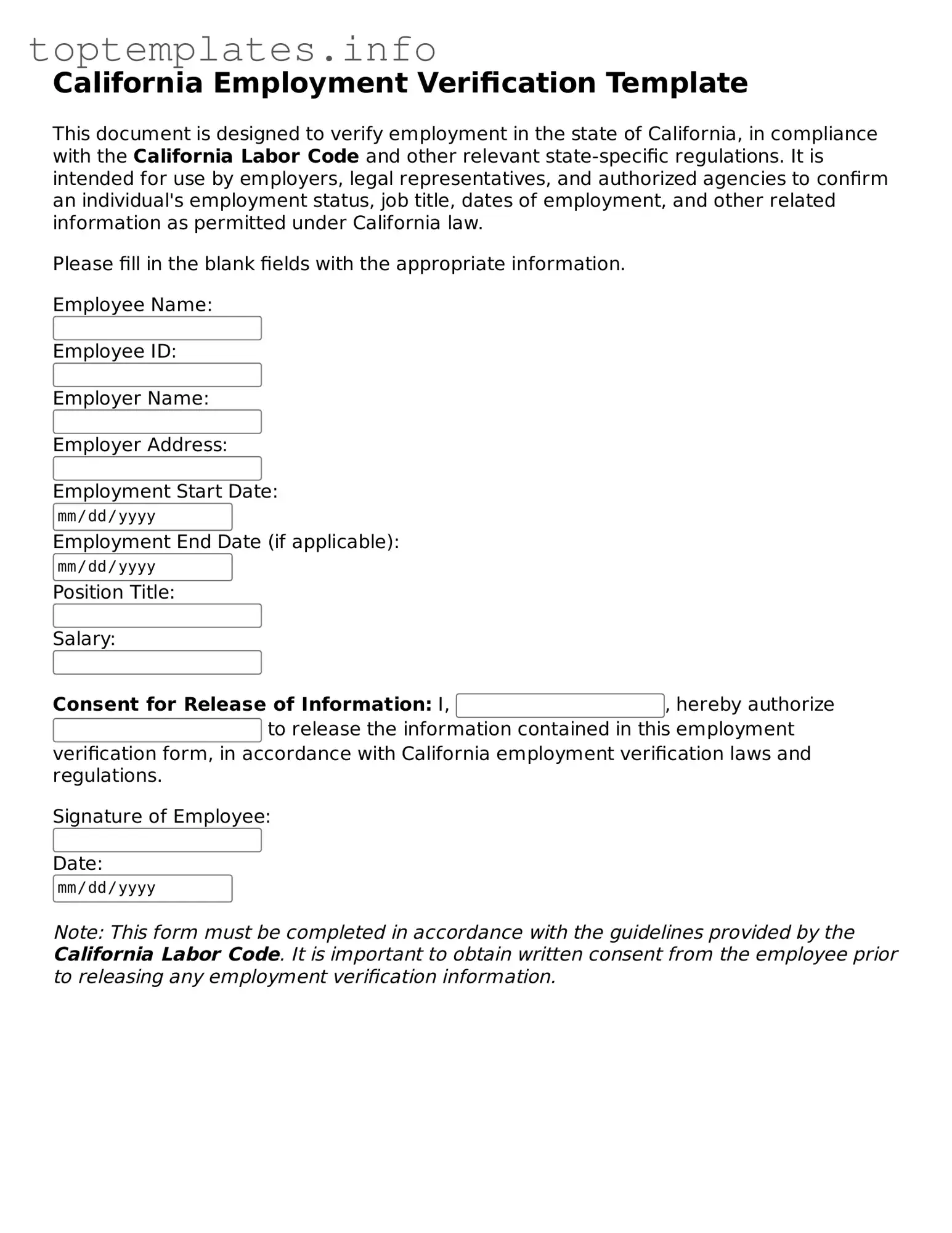 Printable Employment Verification Document for the State of California