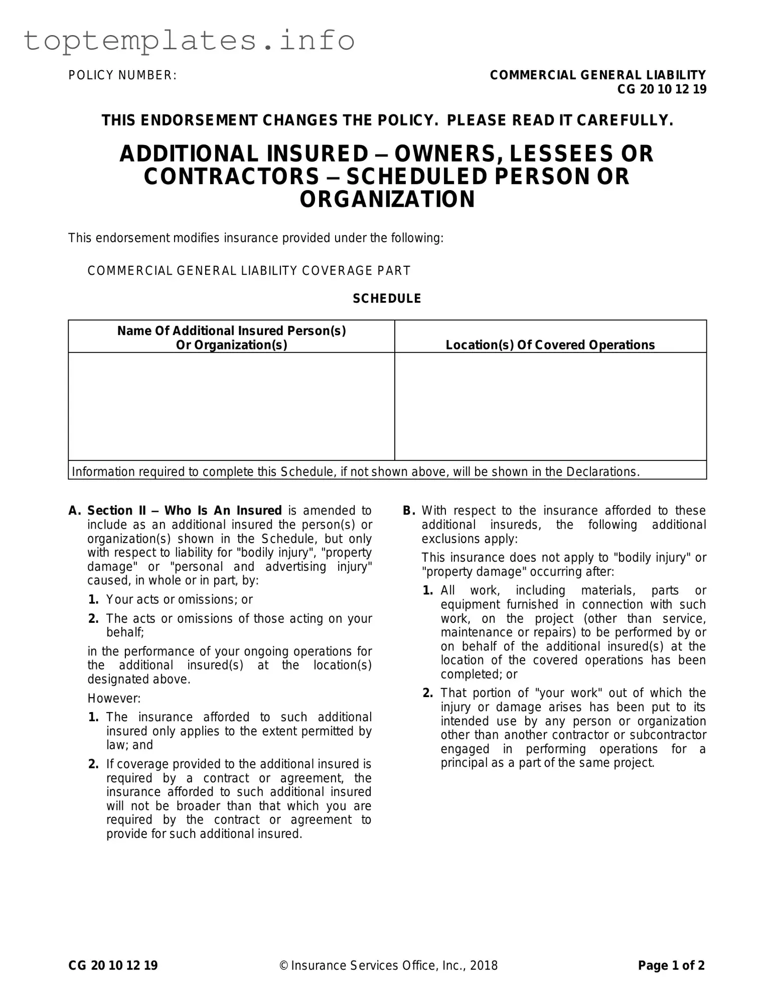Fill in Your Cg 20 10 07 04 Liability Endorsement Form