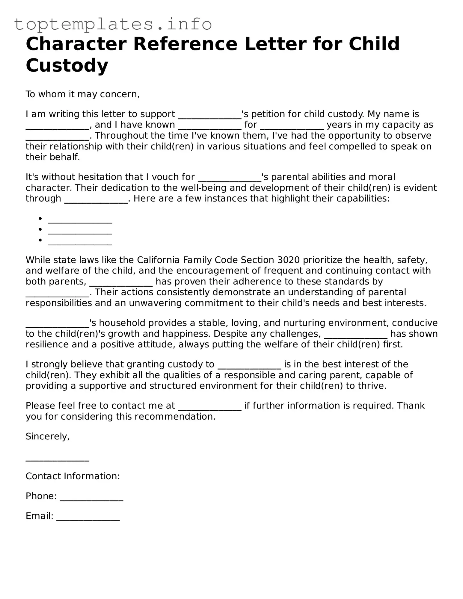 Attorney-Approved Character Reference Letter for Child Custody Template