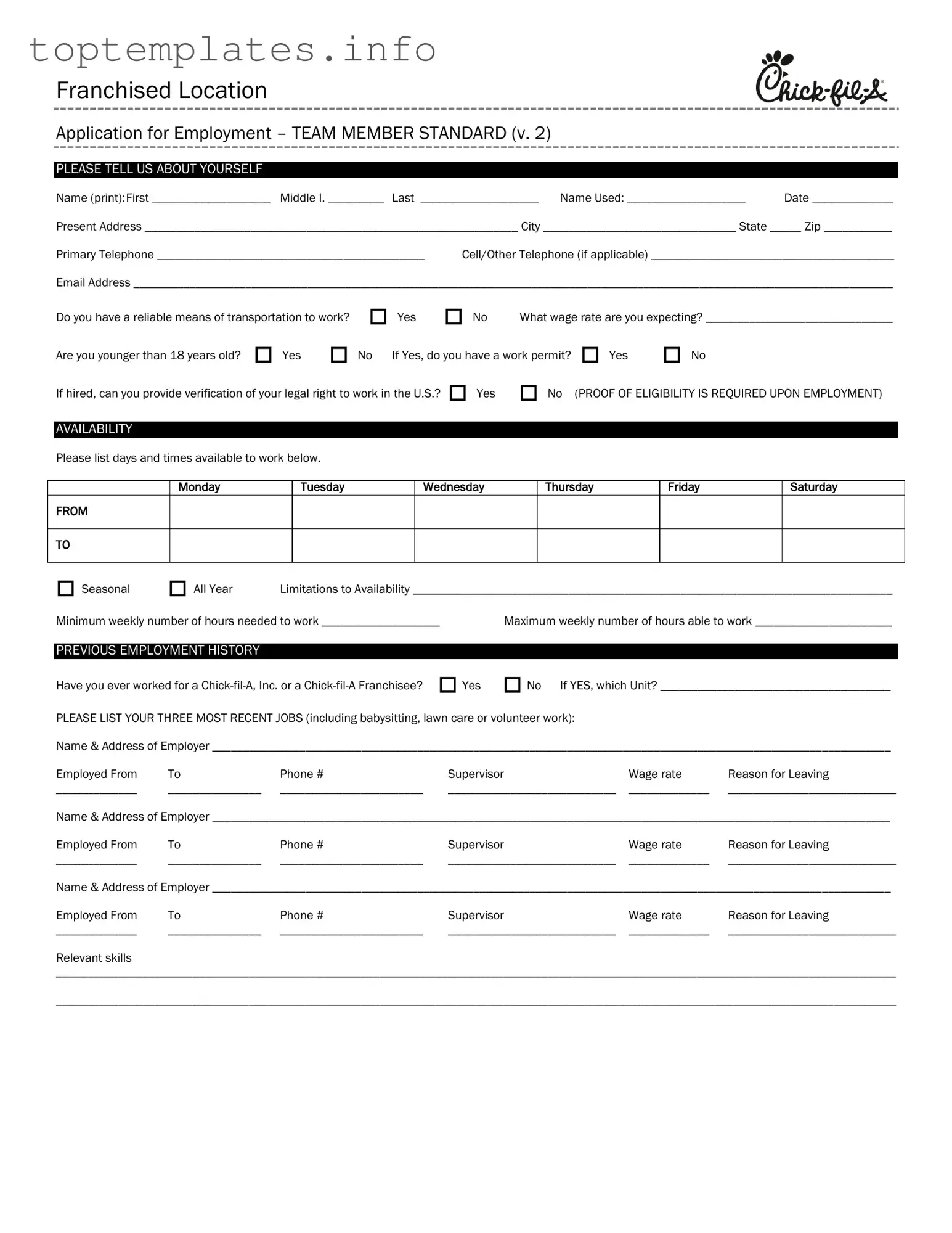 Fill in Your Chick Fil A Job Application Form