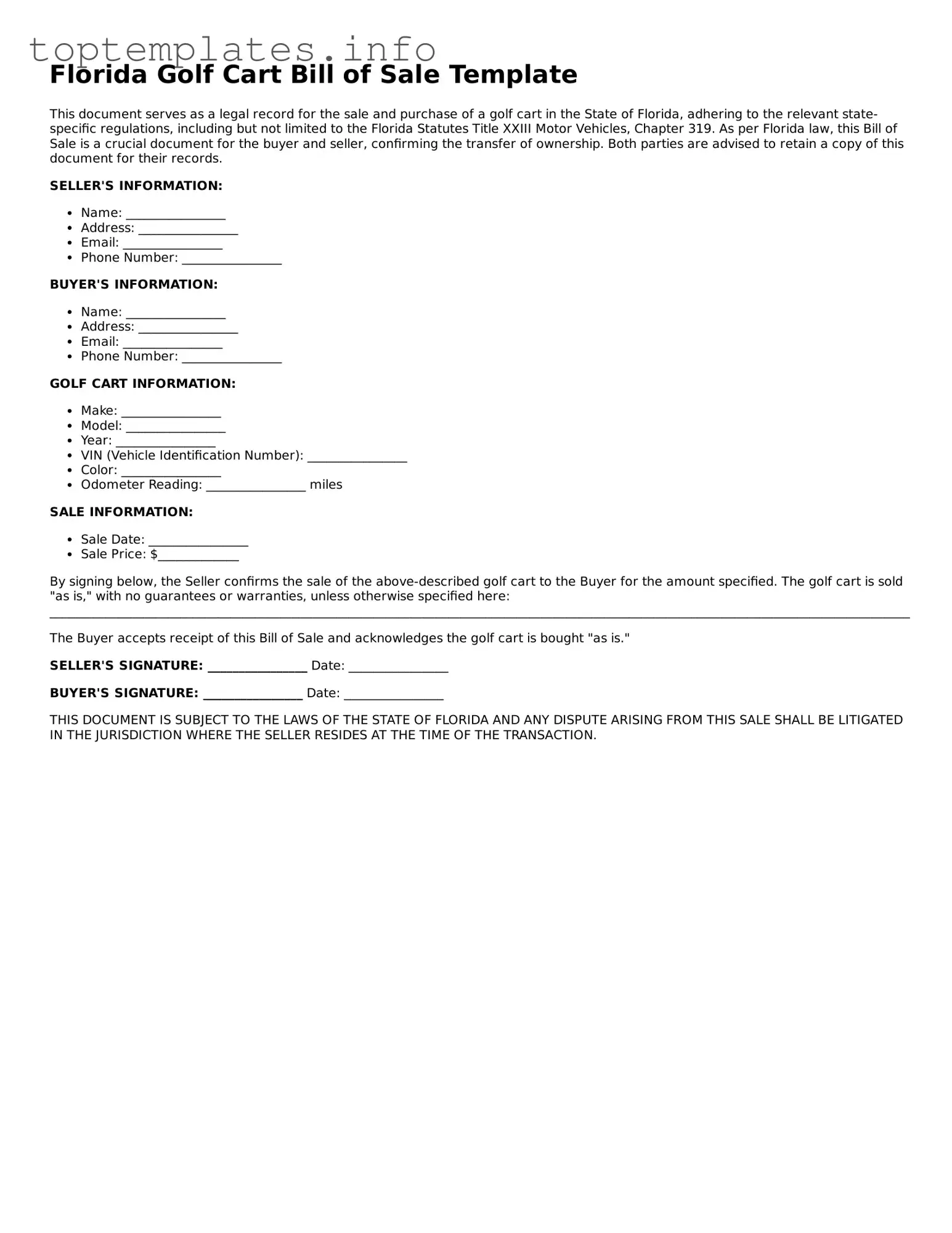 Printable Golf Cart Bill of Sale Document for the State of Florida