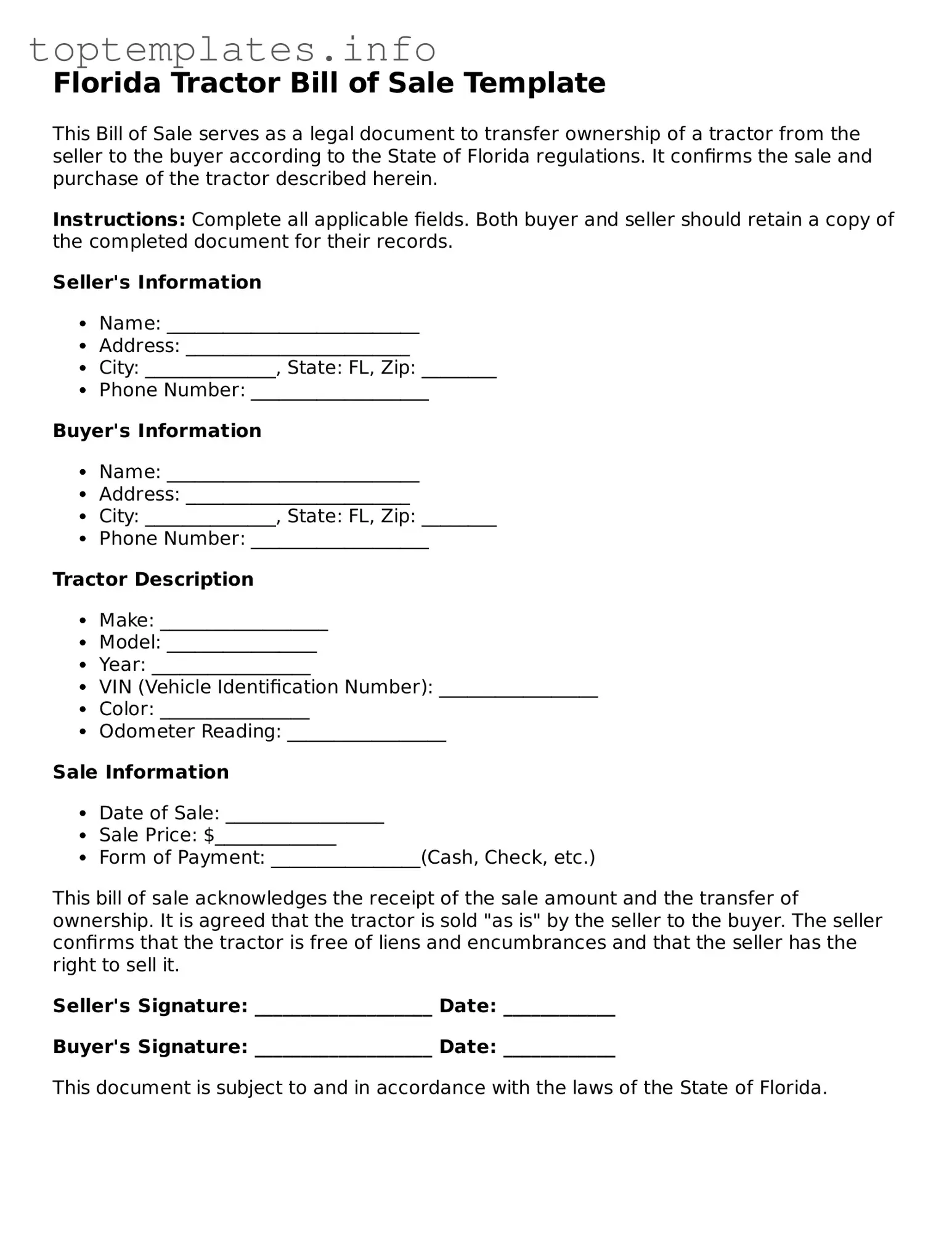 Printable Tractor Bill of Sale Document for the State of Florida