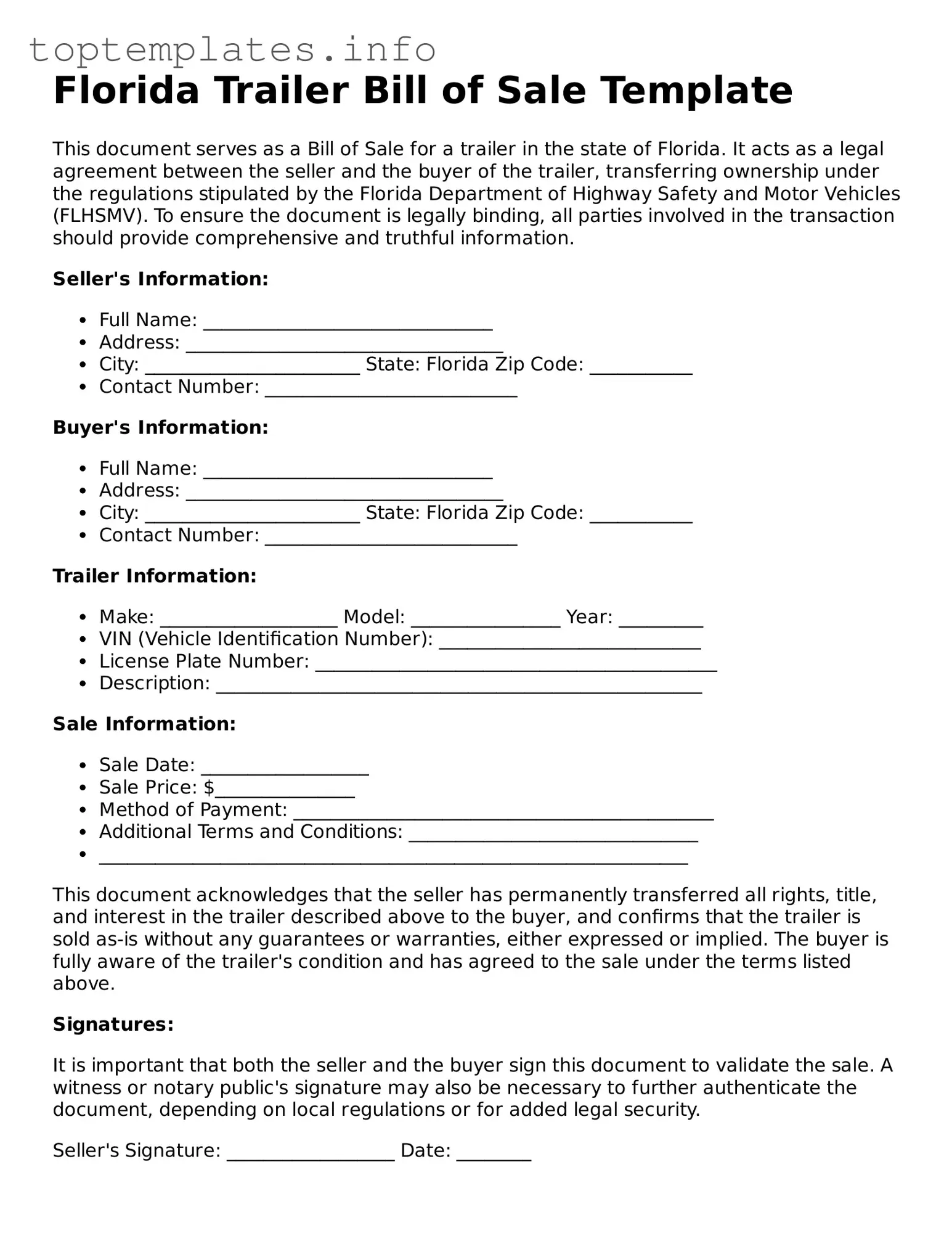 Printable Trailer Bill of Sale Document for the State of Florida