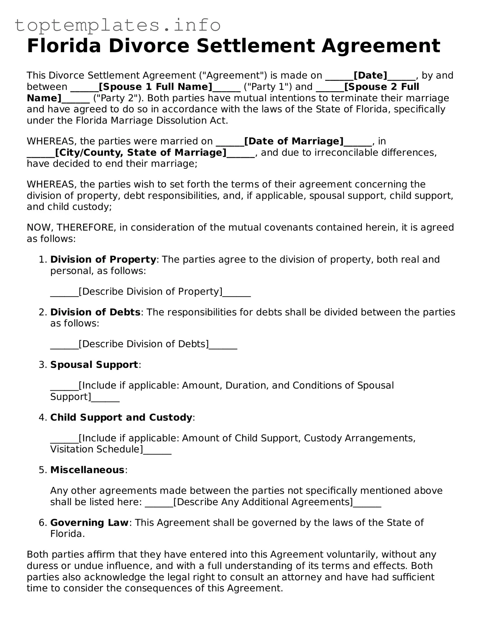 Printable Divorce Settlement Agreement Document for the State of Florida