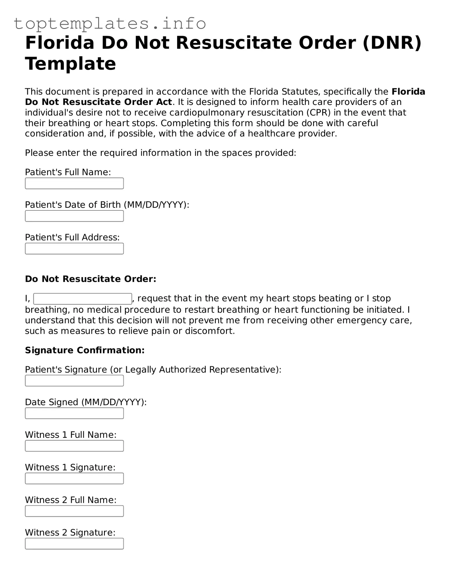 Printable Do Not Resuscitate Order Document for the State of Florida