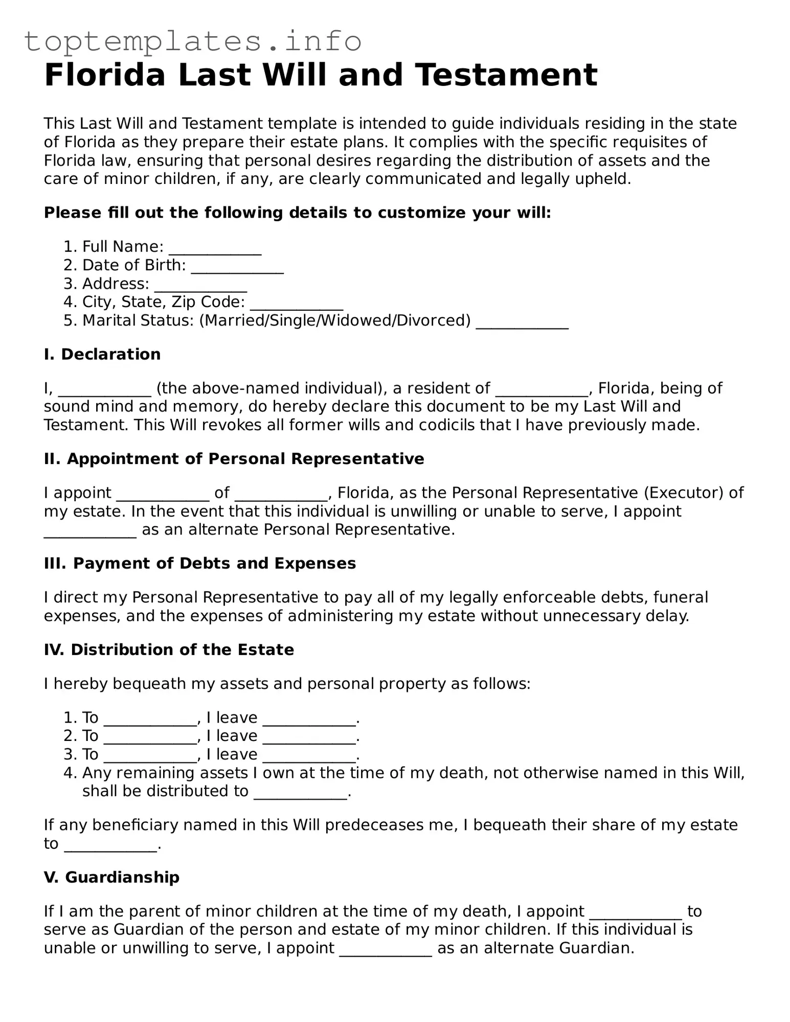 Printable Last Will and Testament Document for the State of Florida