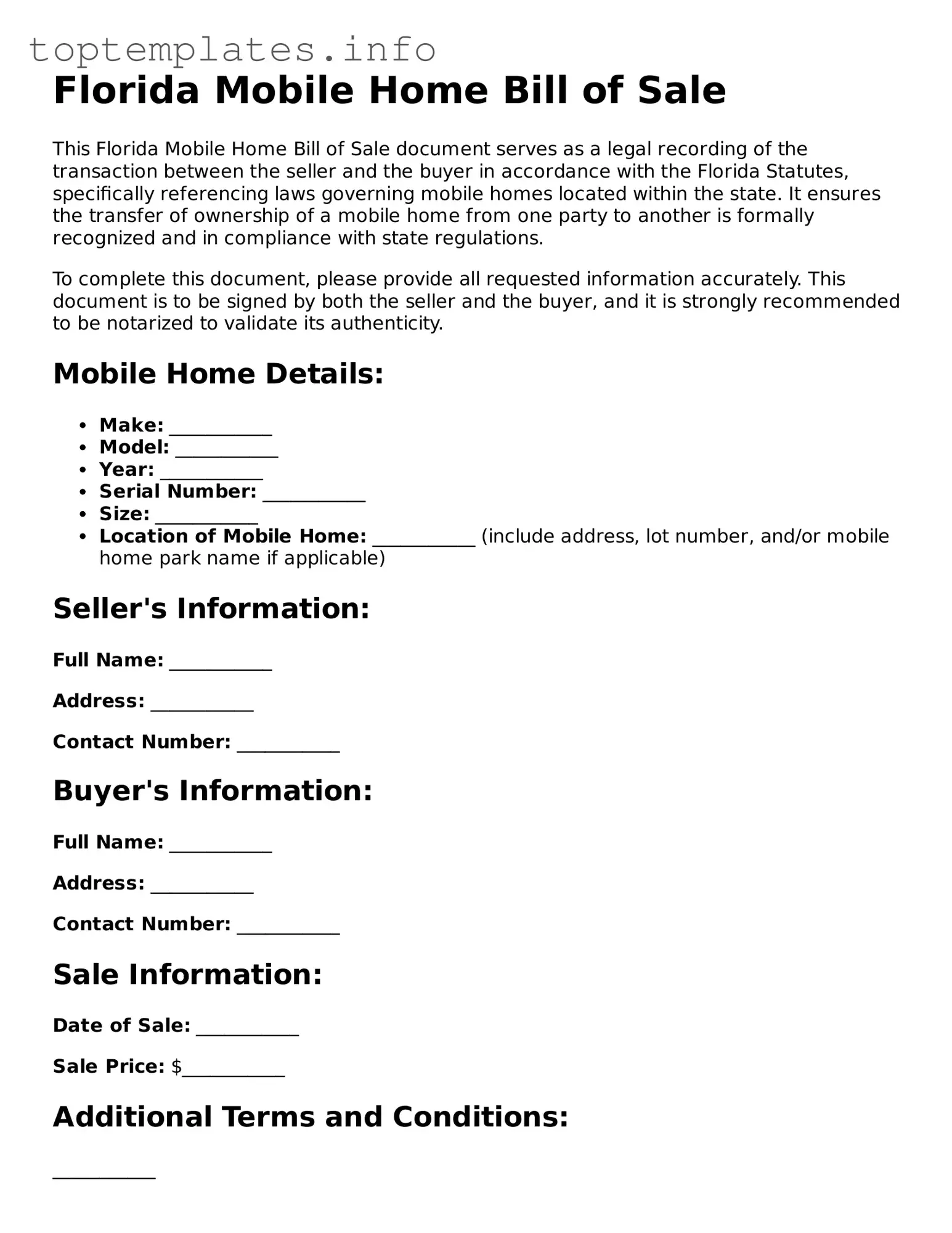 Printable Mobile Home Bill of Sale Document for the State of Florida