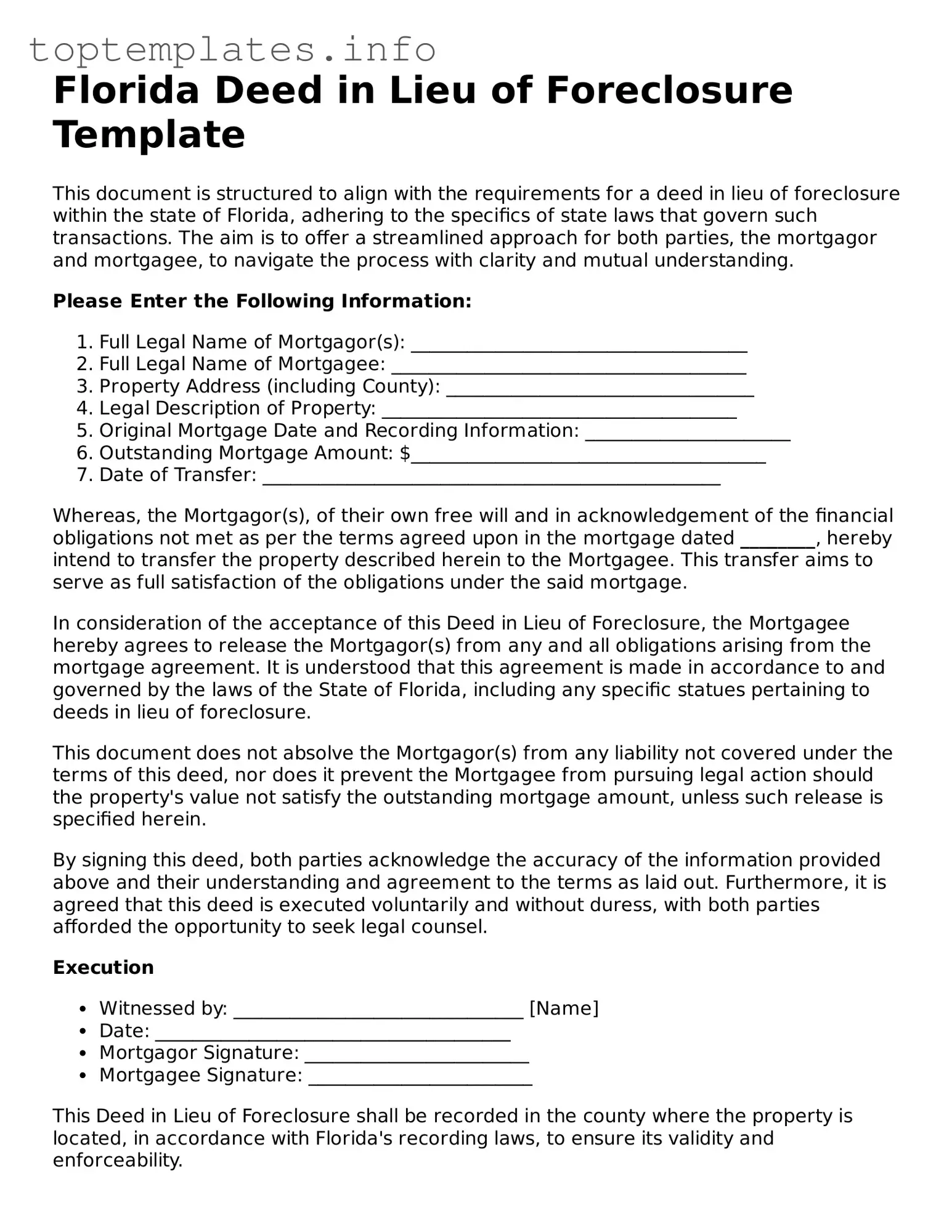 Printable Deed in Lieu of Foreclosure Document for the State of Florida