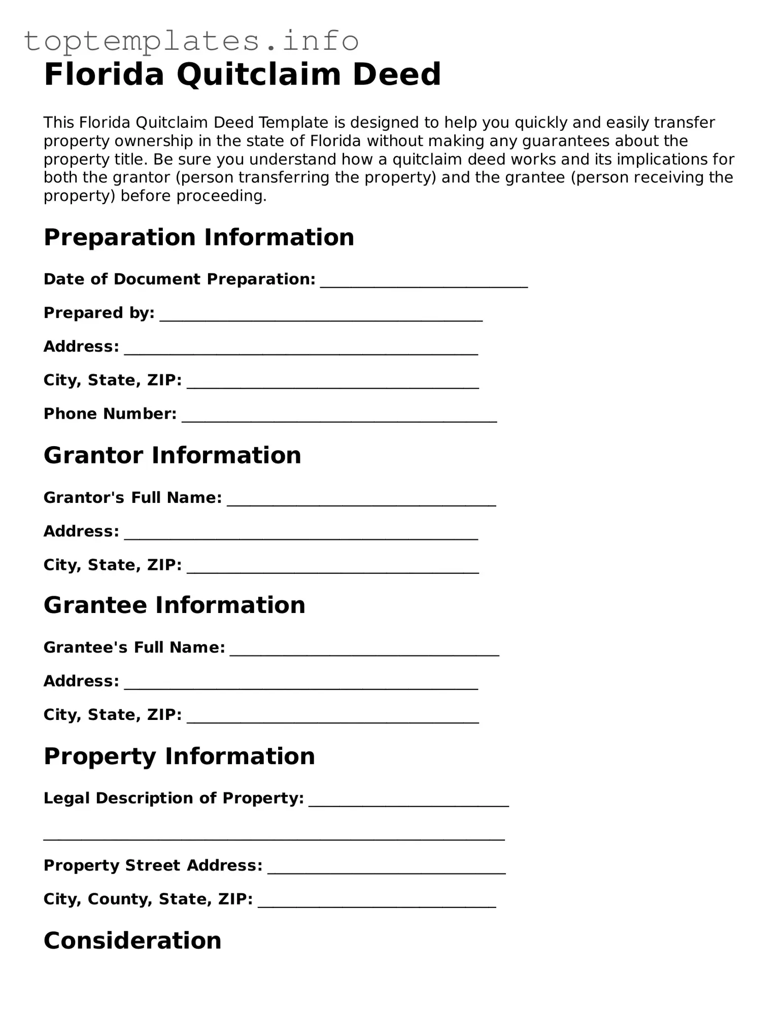 Printable Quitclaim Deed Document for the State of Florida