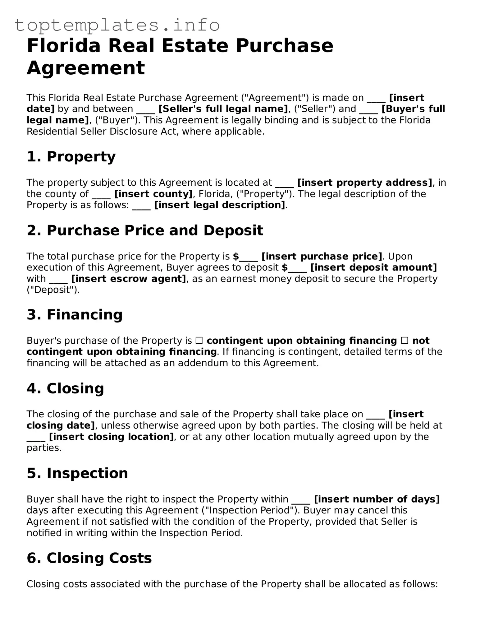 Printable Real Estate Purchase Agreement Document for the State of Florida