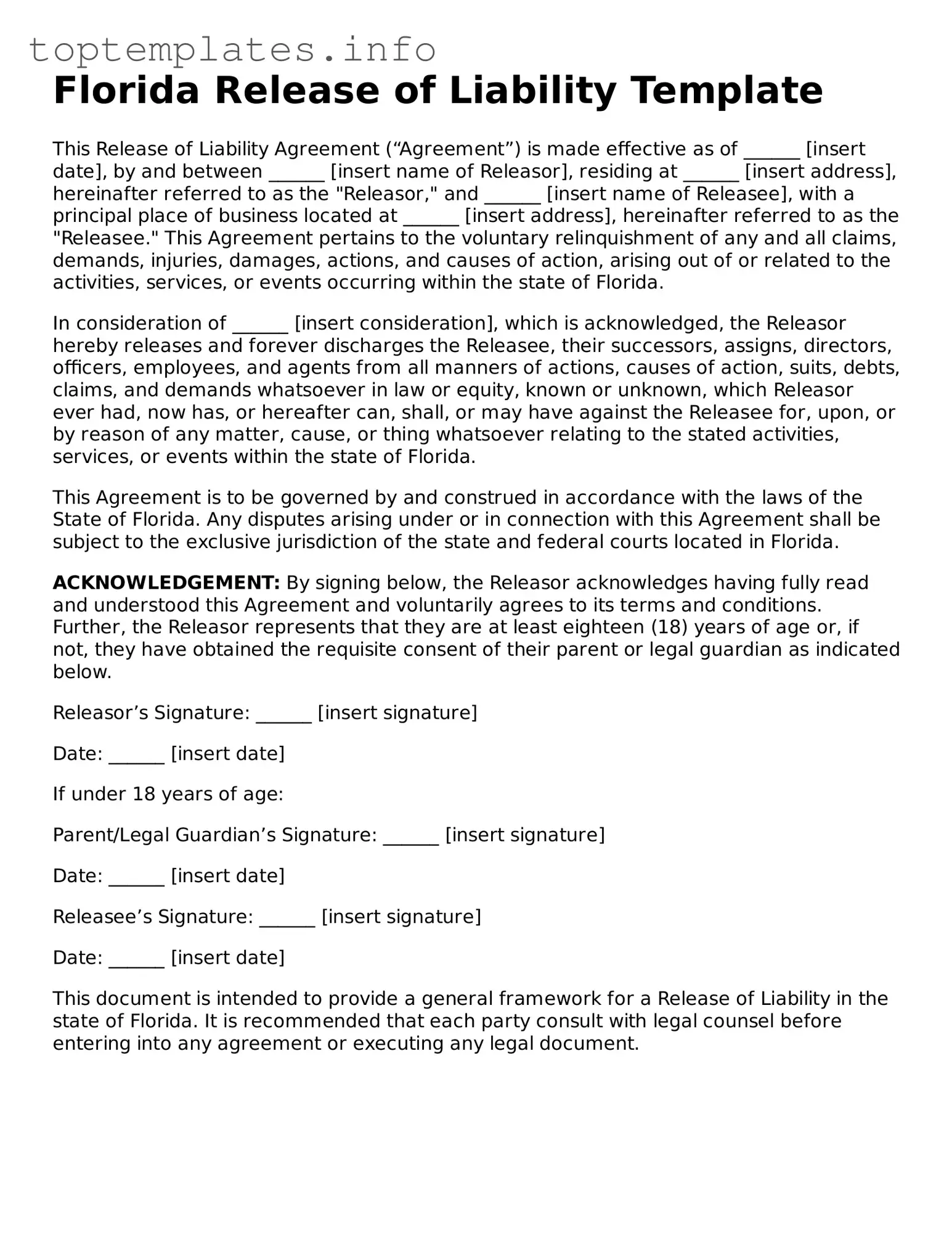 Printable Release of Liability Document for the State of Florida