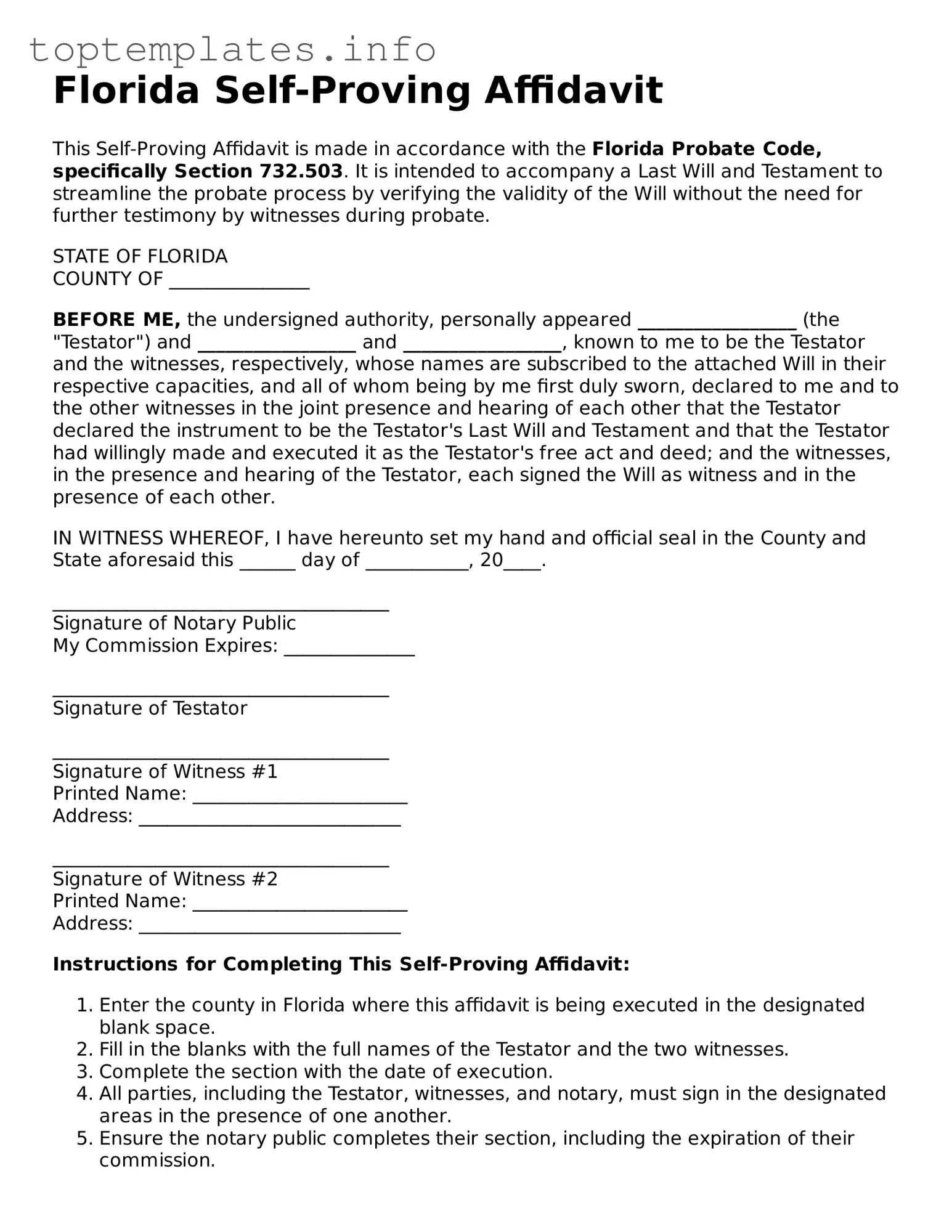 Printable Self-Proving Affidavit Document for the State of Florida