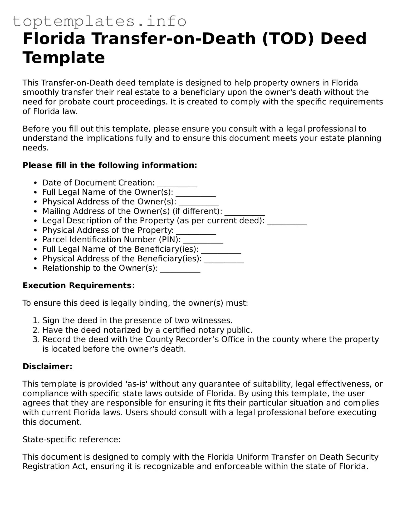 Printable Transfer-on-Death Deed Document for the State of Florida