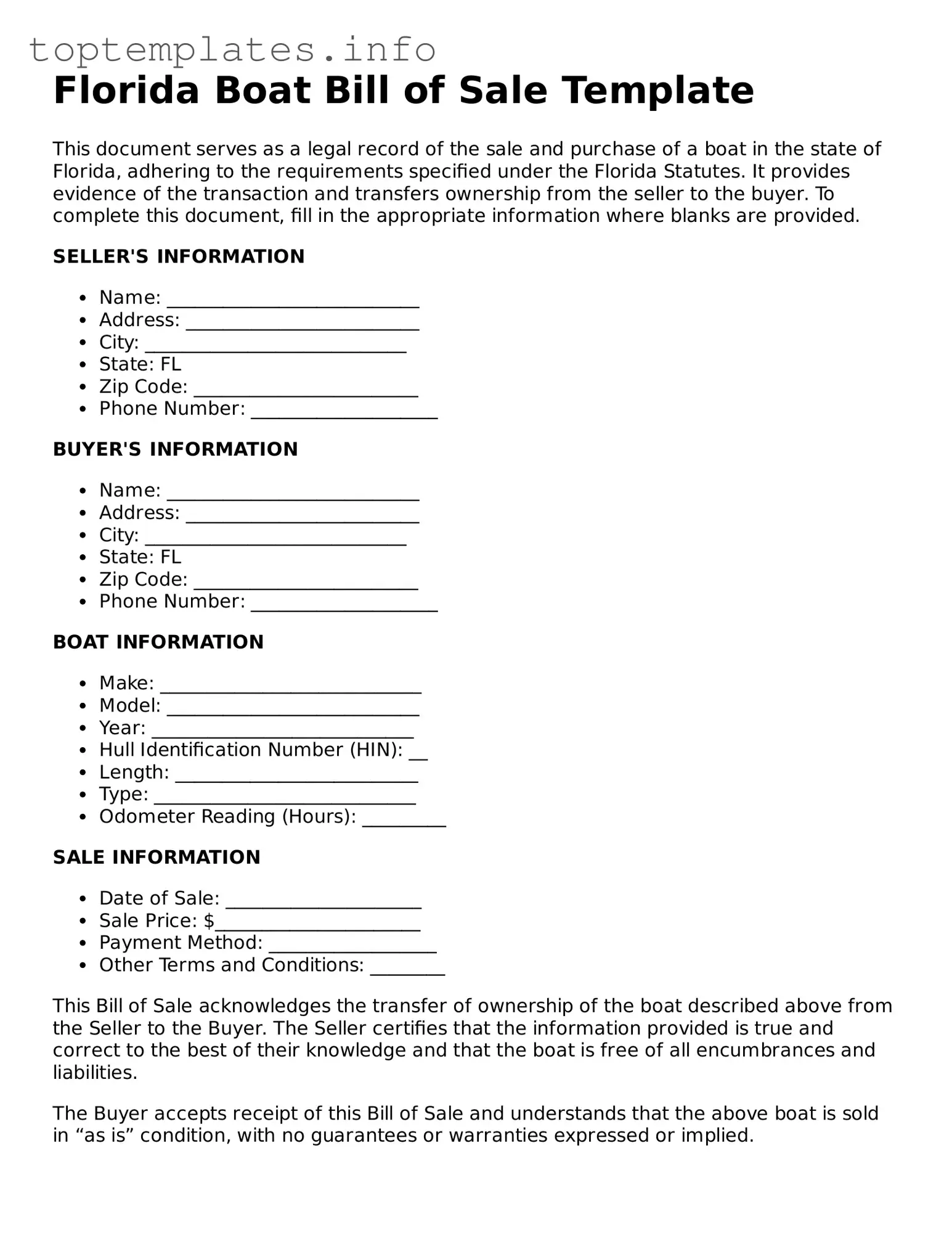 Printable Boat Bill of Sale Document for the State of Florida