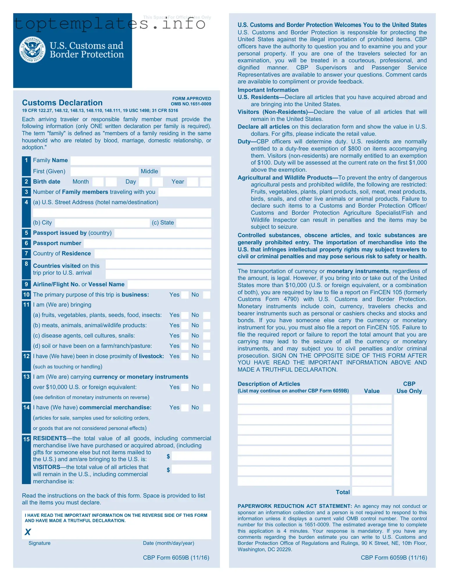 Fill in Your CBP 6059B Form