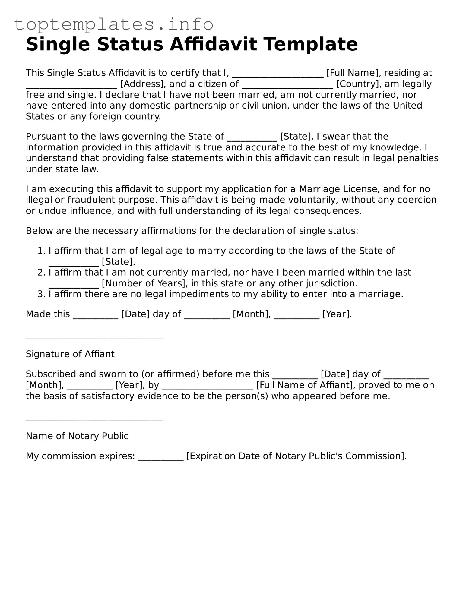Attorney-Approved Single Status Affidavit Template