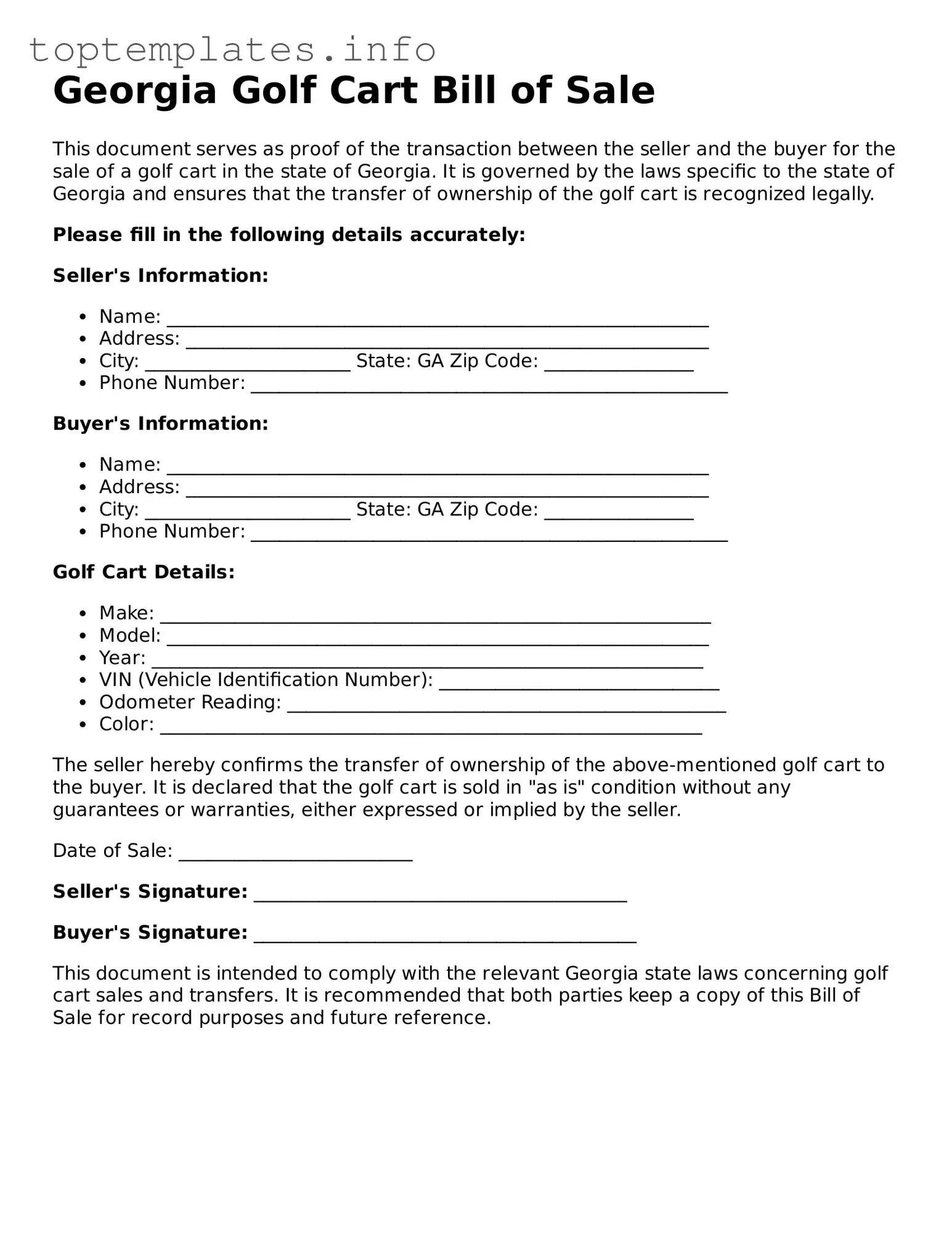 Printable Golf Cart Bill of Sale Document for the State of Georgia