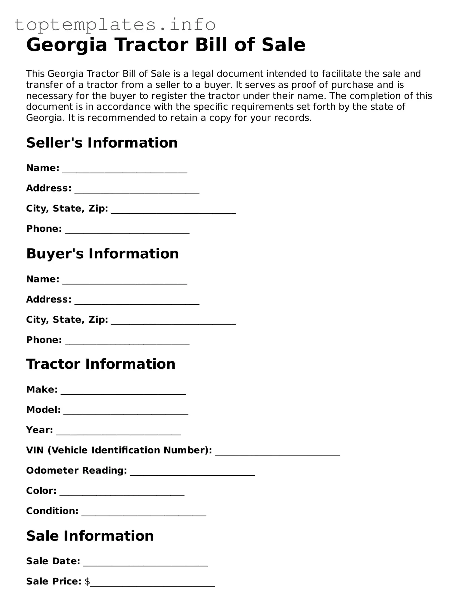 Printable Tractor Bill of Sale Document for the State of Georgia