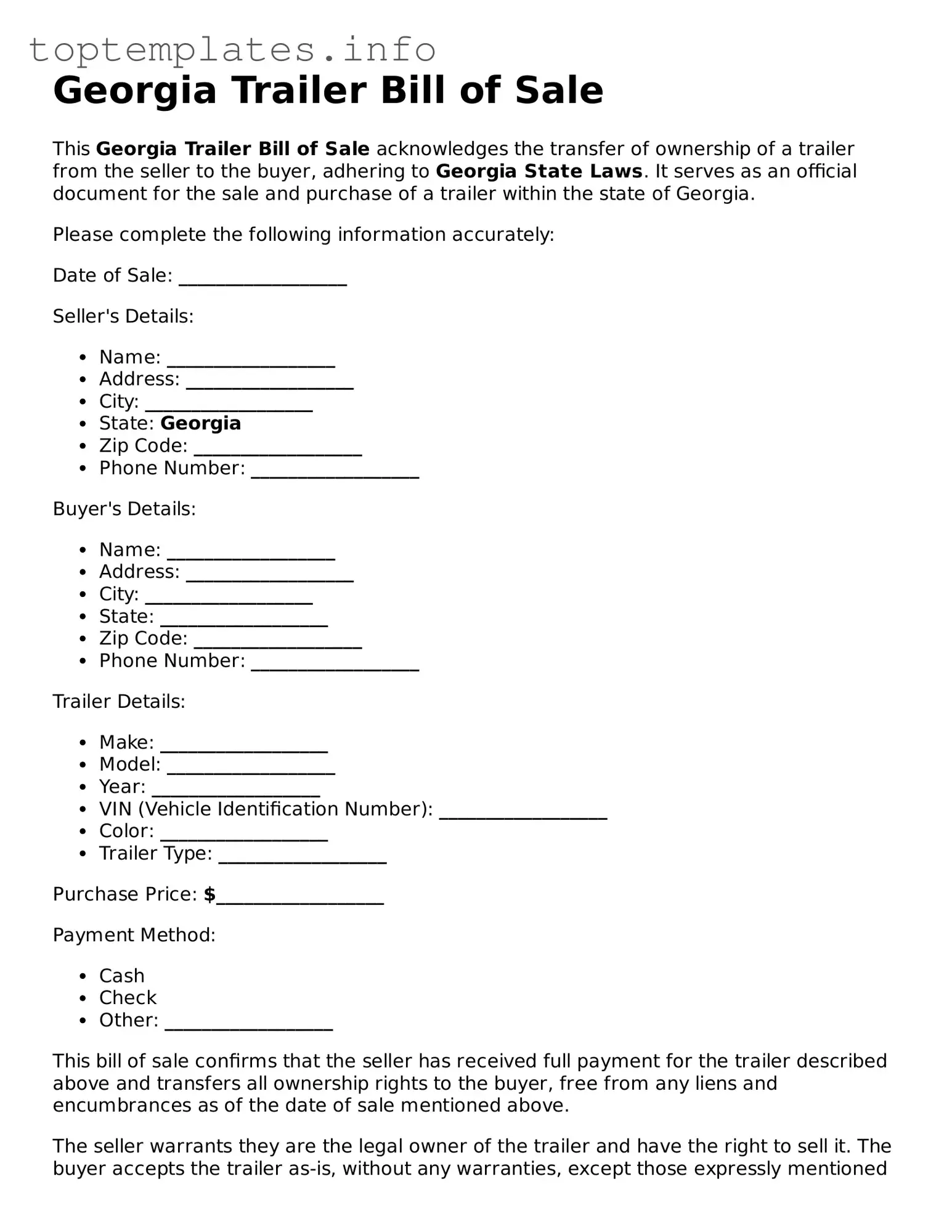 Printable Trailer Bill of Sale Document for the State of Georgia