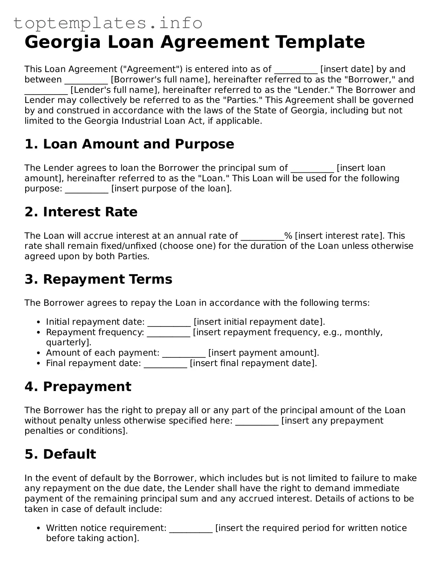 Printable Loan Agreement Document for the State of Georgia