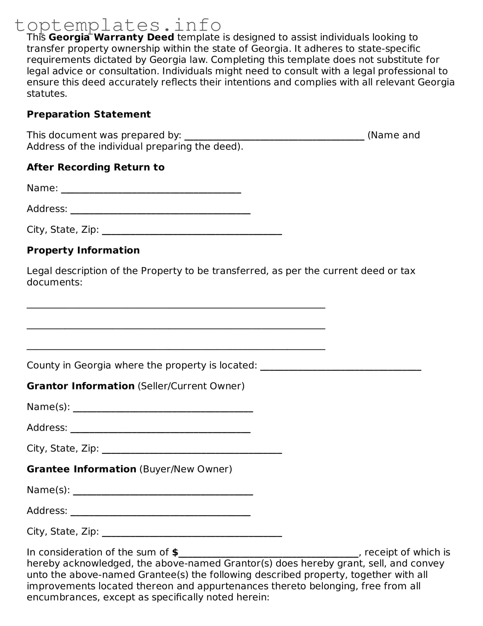 Printable Deed Document for the State of Georgia