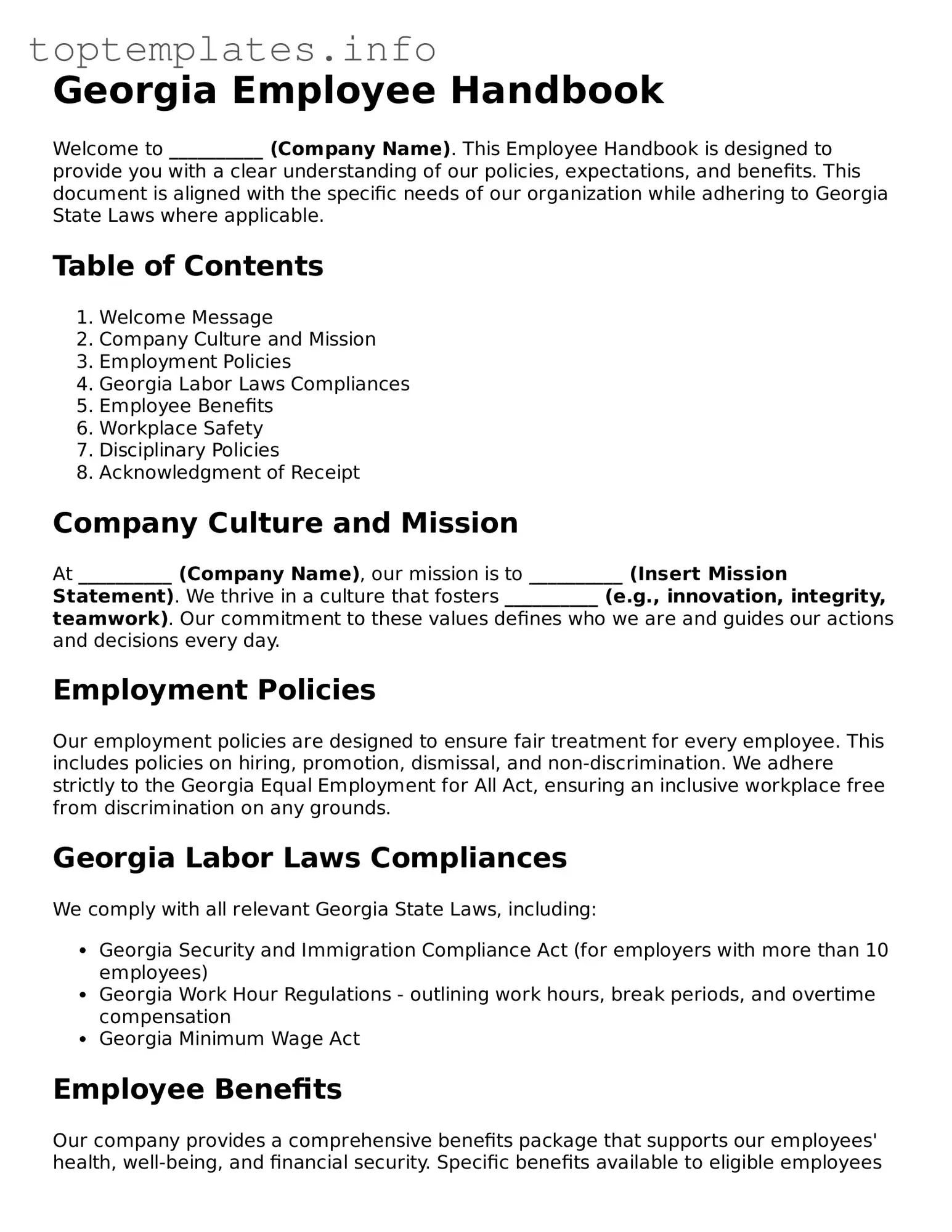 Printable Employee Handbook Document for the State of Georgia