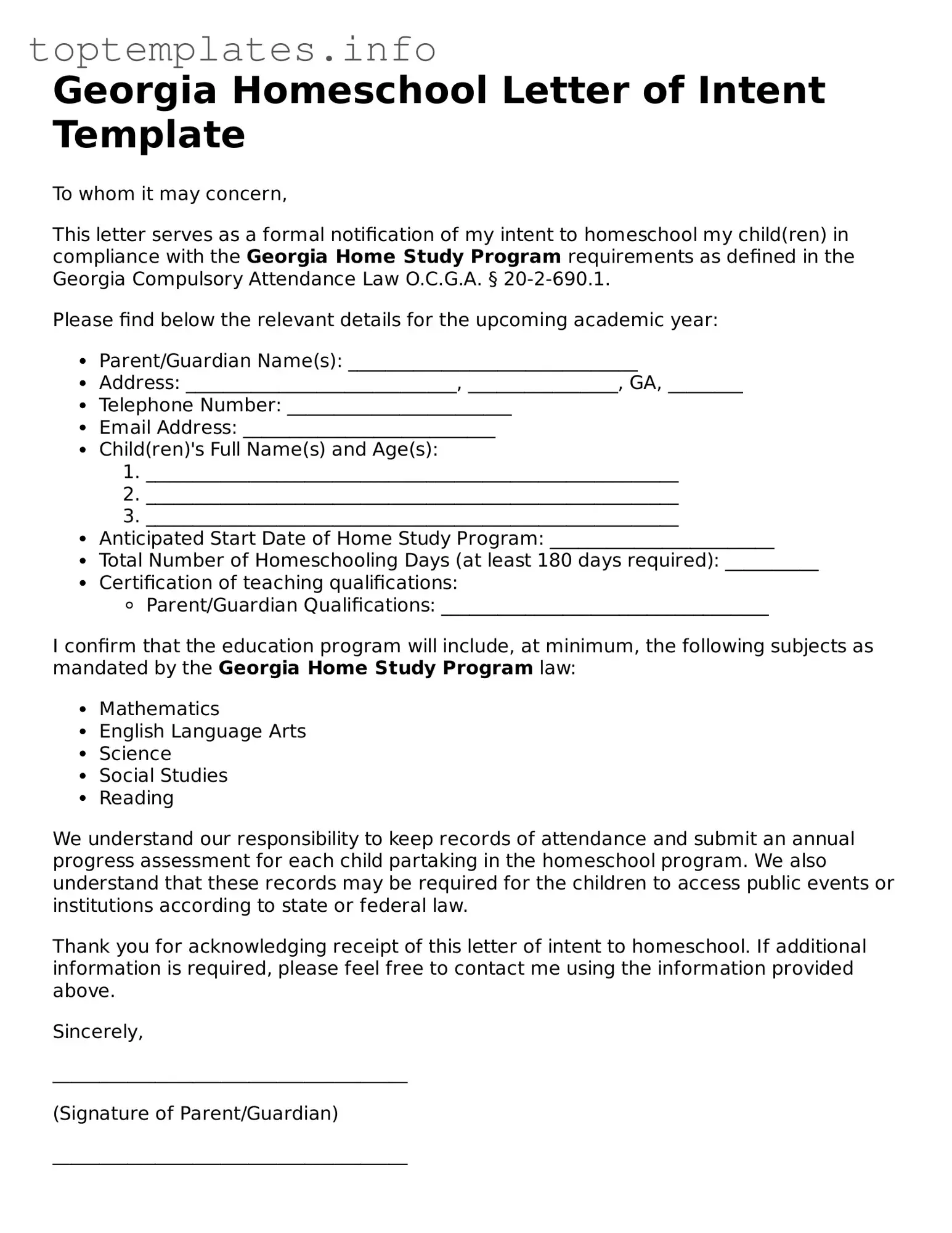 Printable Homeschool Letter of Intent Document for the State of Georgia