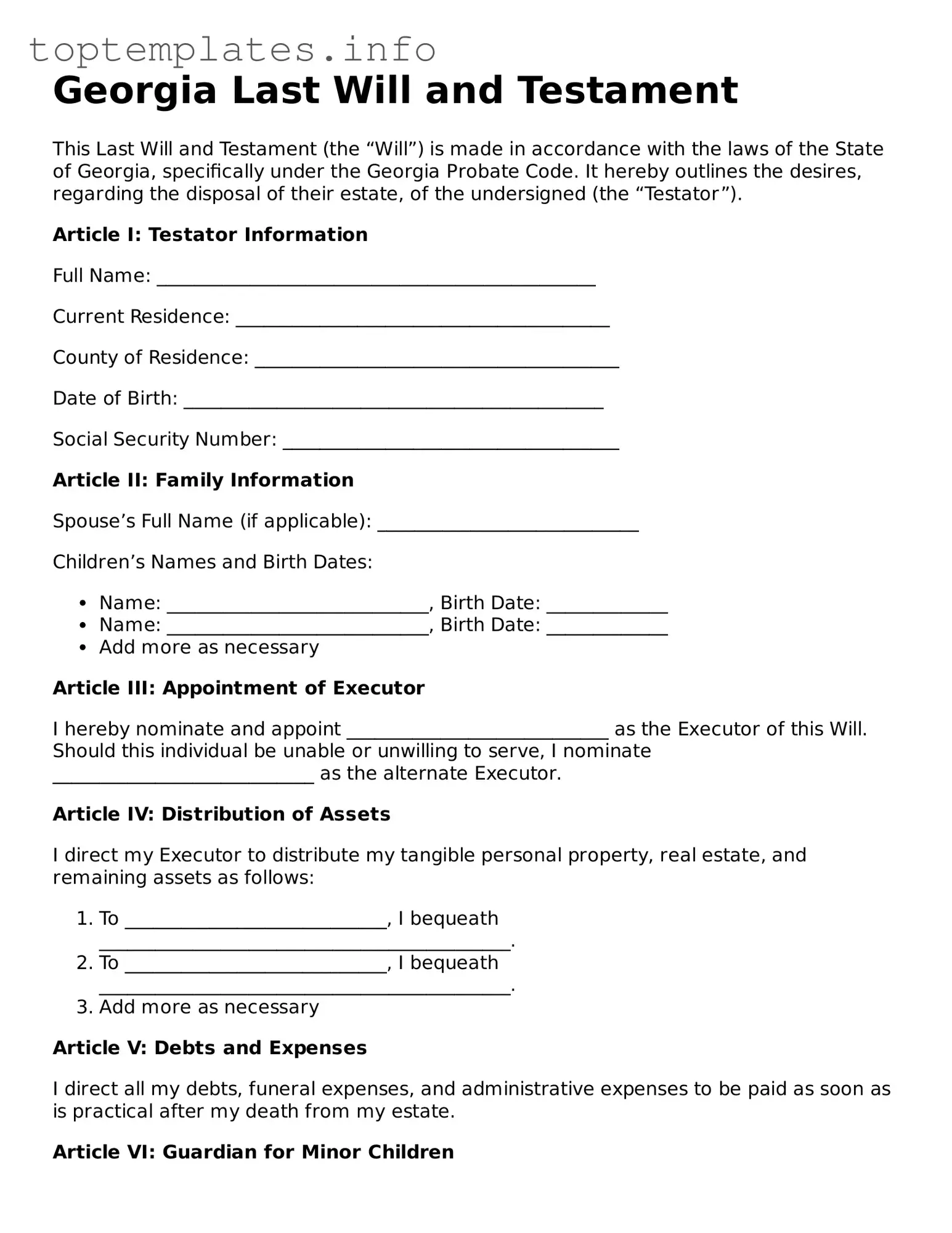 Printable Last Will and Testament Document for the State of Georgia