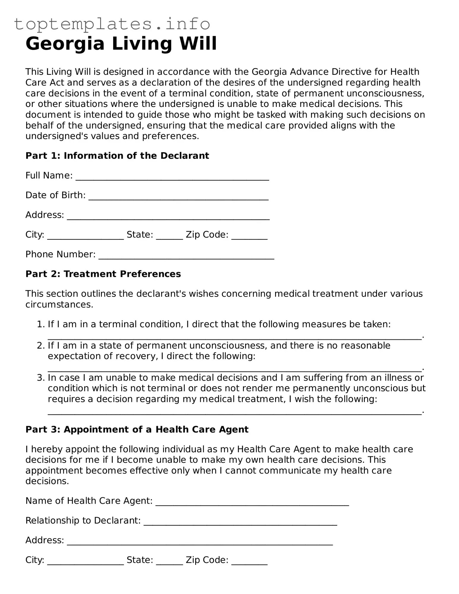 Printable Living Will Document for the State of Georgia