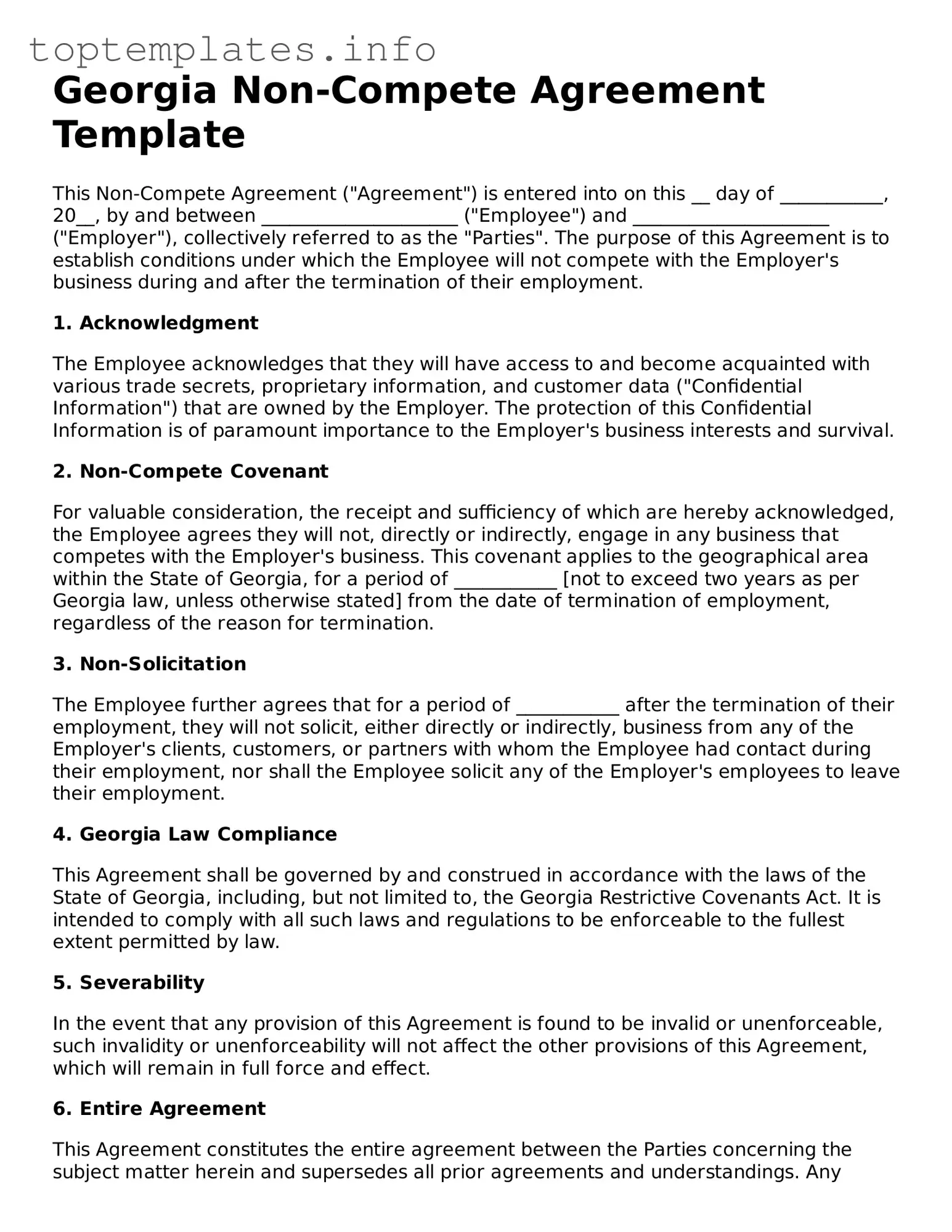 Printable Non-compete Agreement Document for the State of Georgia