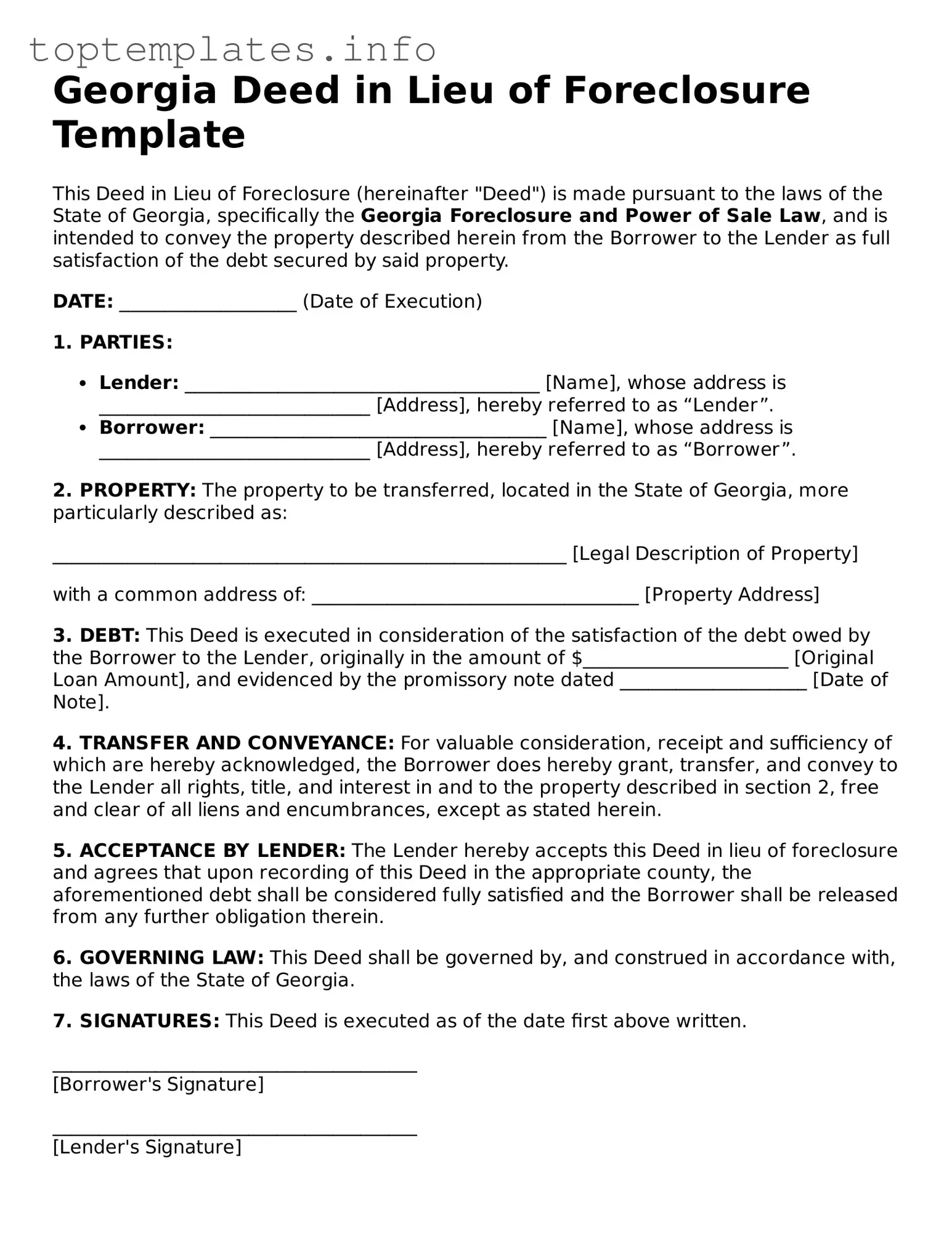 Printable Deed in Lieu of Foreclosure Document for the State of Georgia
