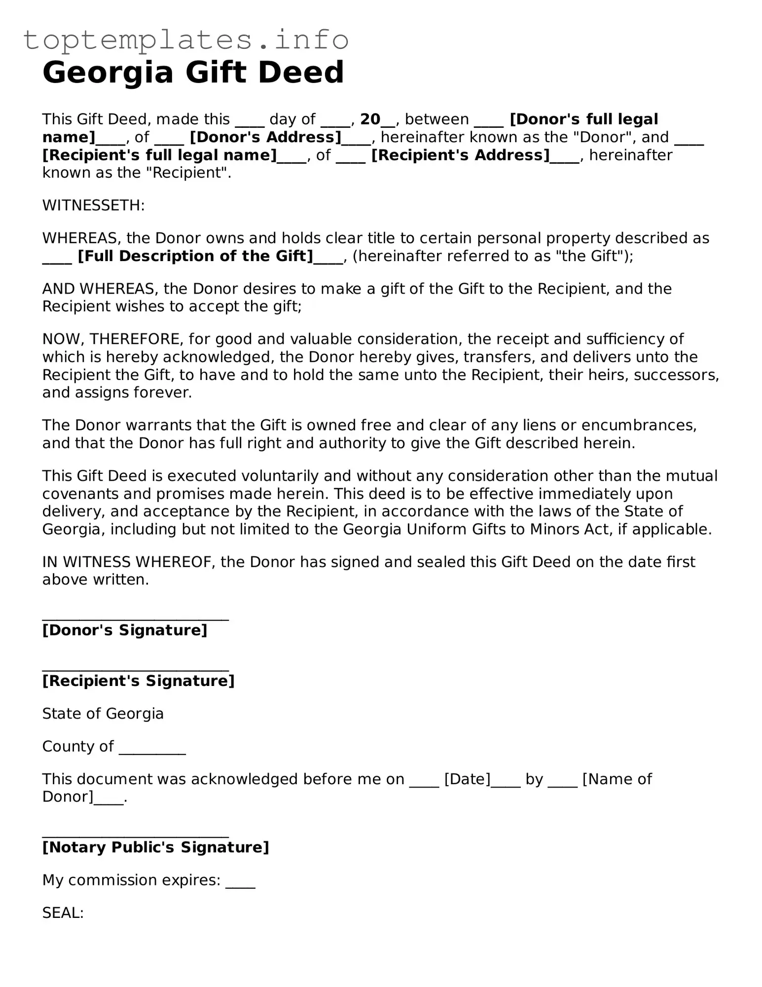 Printable Gift Deed Document for the State of Georgia