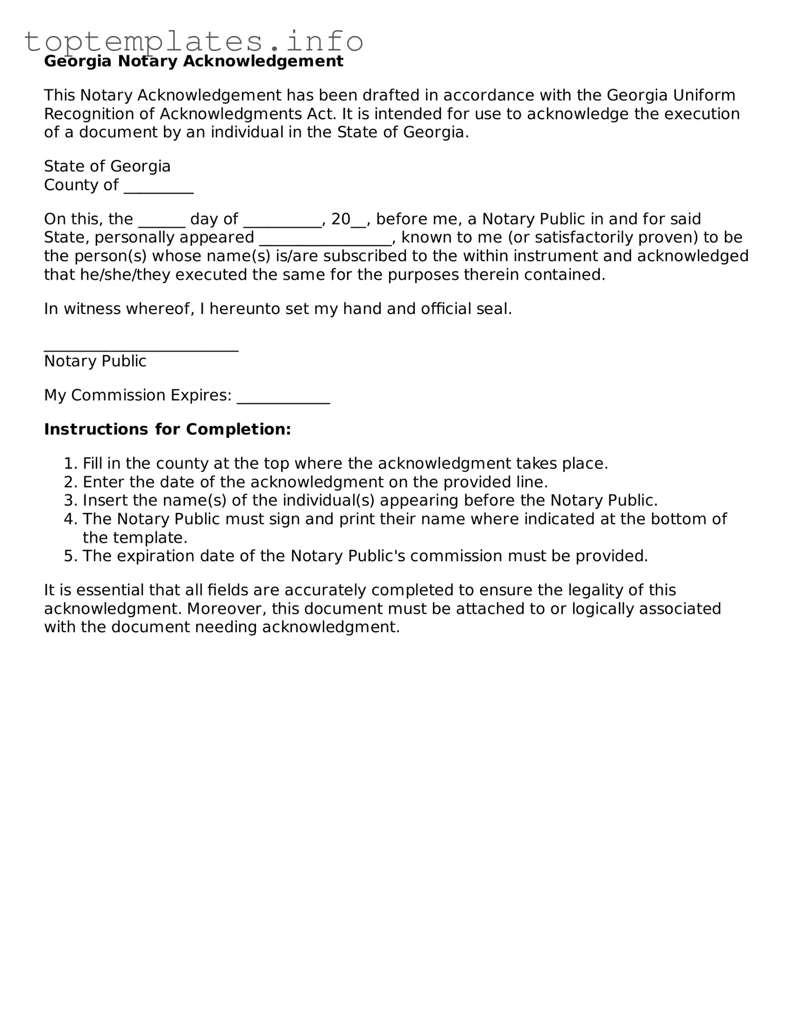 Printable Notary Acknowledgement Document for the State of Georgia