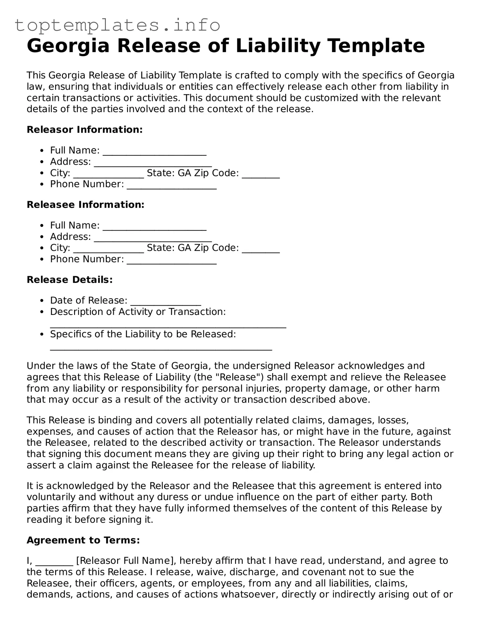 Printable Release of Liability Document for the State of Georgia